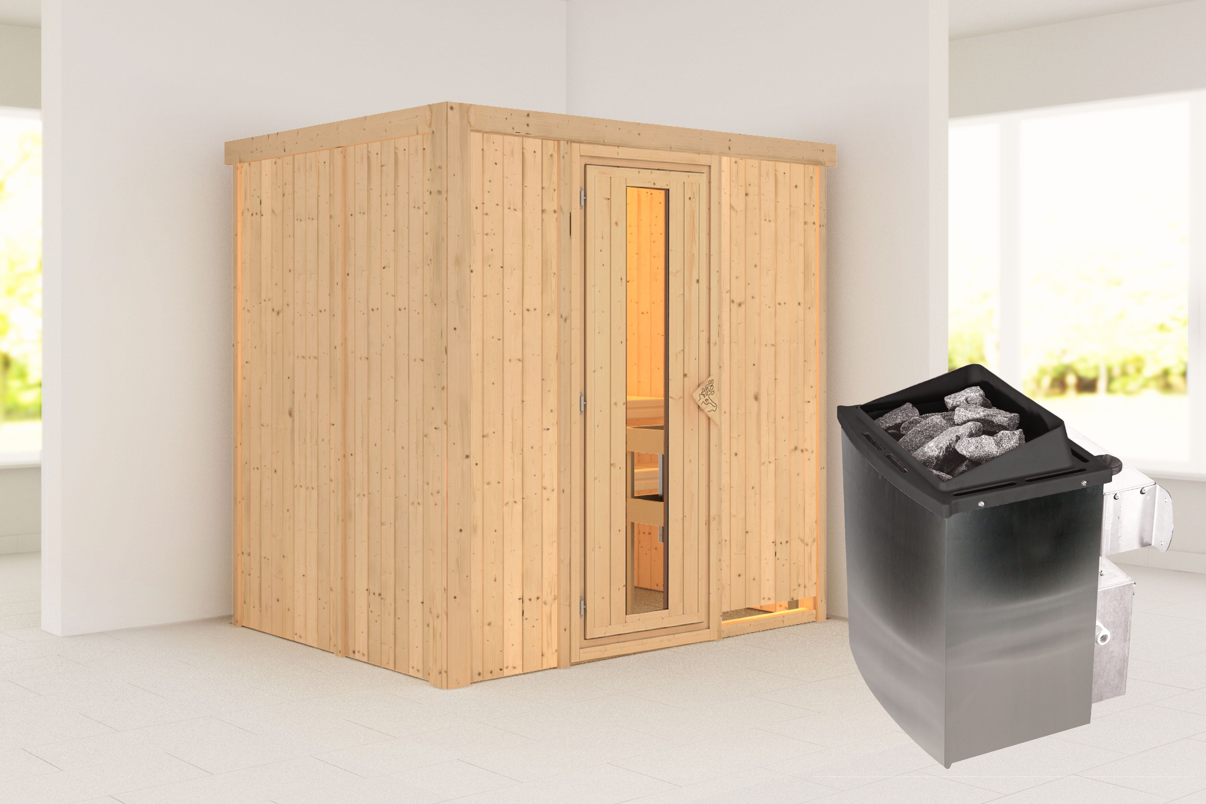 Außenansicht der Karibu Sauna Bodin aus nordischer Fichte mit isolierter Holztür und Fronteinstieg