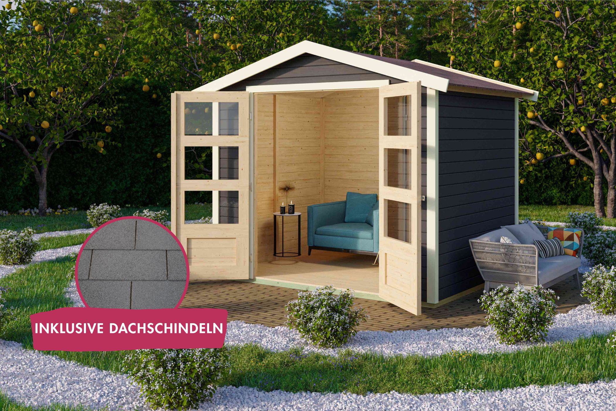 Gartenhaus Amberg 4 terragrau inkl. Dachschindeln Rechteck schiefergrau / Lagerabverkauf