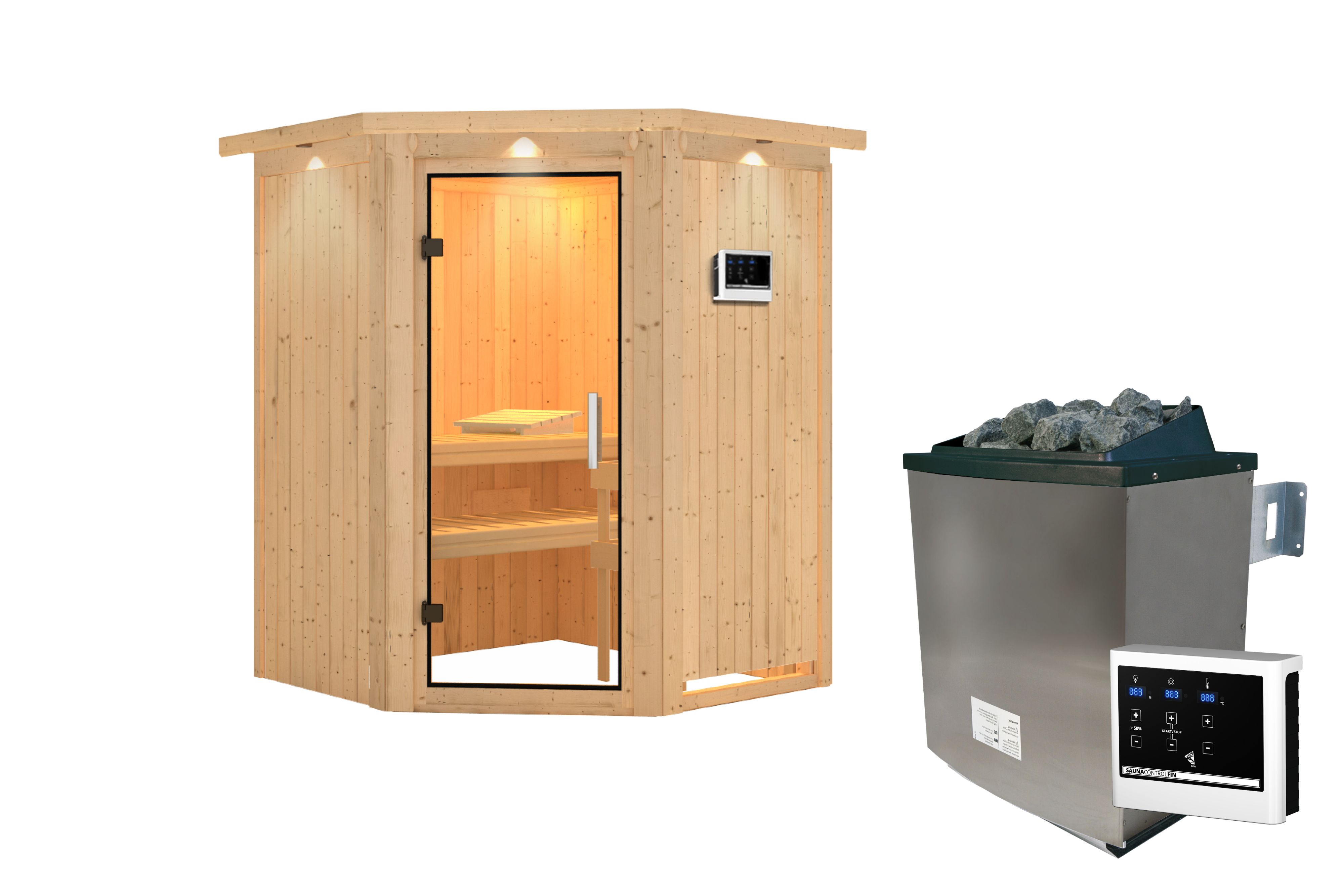 Innenansicht der Karibu Sauna Larin mit Liegen und Kopfstütze aus hellem Espenholz