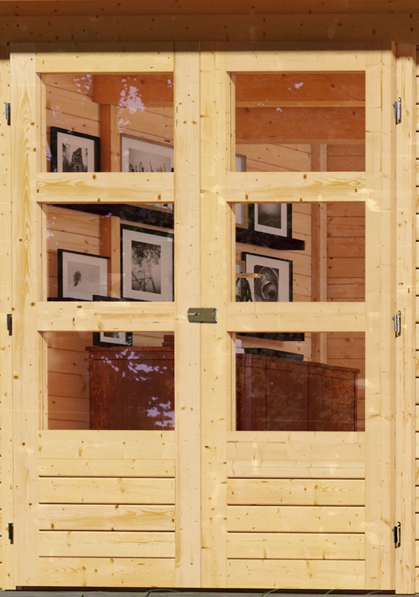 Doppelflügeltür des Karibu Gerätehaus Askola 4 mit Zylinderschloss und Kunstglas