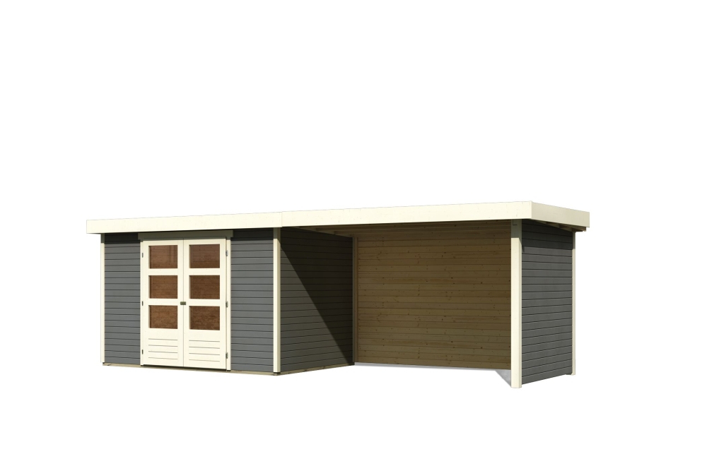Karibu Gerätehaus Askola 4 in Terragrau und Anbaudach, Freisteller