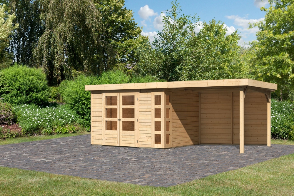 Karibu großes Gerätehaus Kerko 5 in Naturbelassen und Anbaudach, Außenansicht