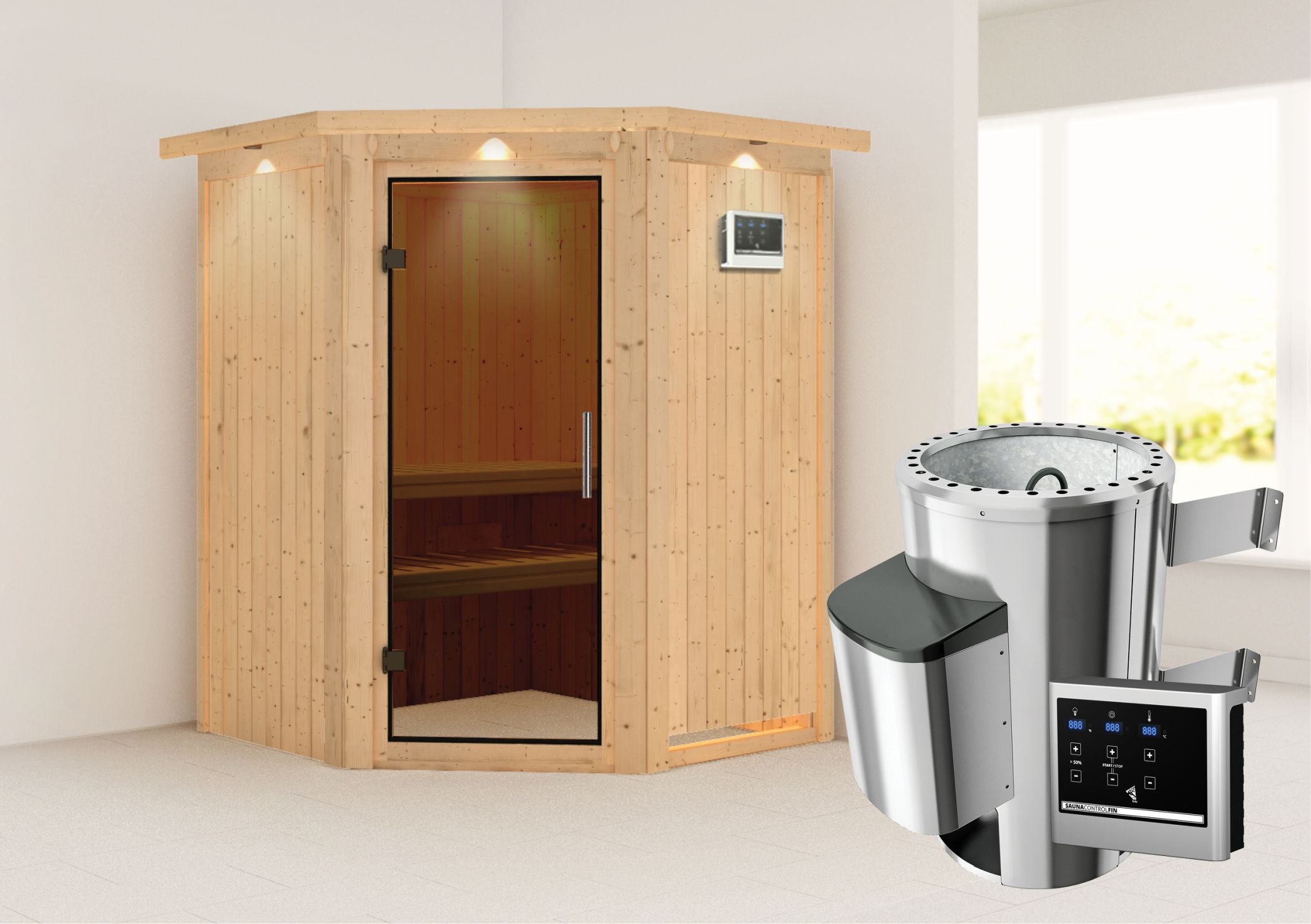 Außenansicht der Karibu Sauna Nanja aus nordischer Fichte mit graphitfarbener Ganzglastür und Fronteinstieg