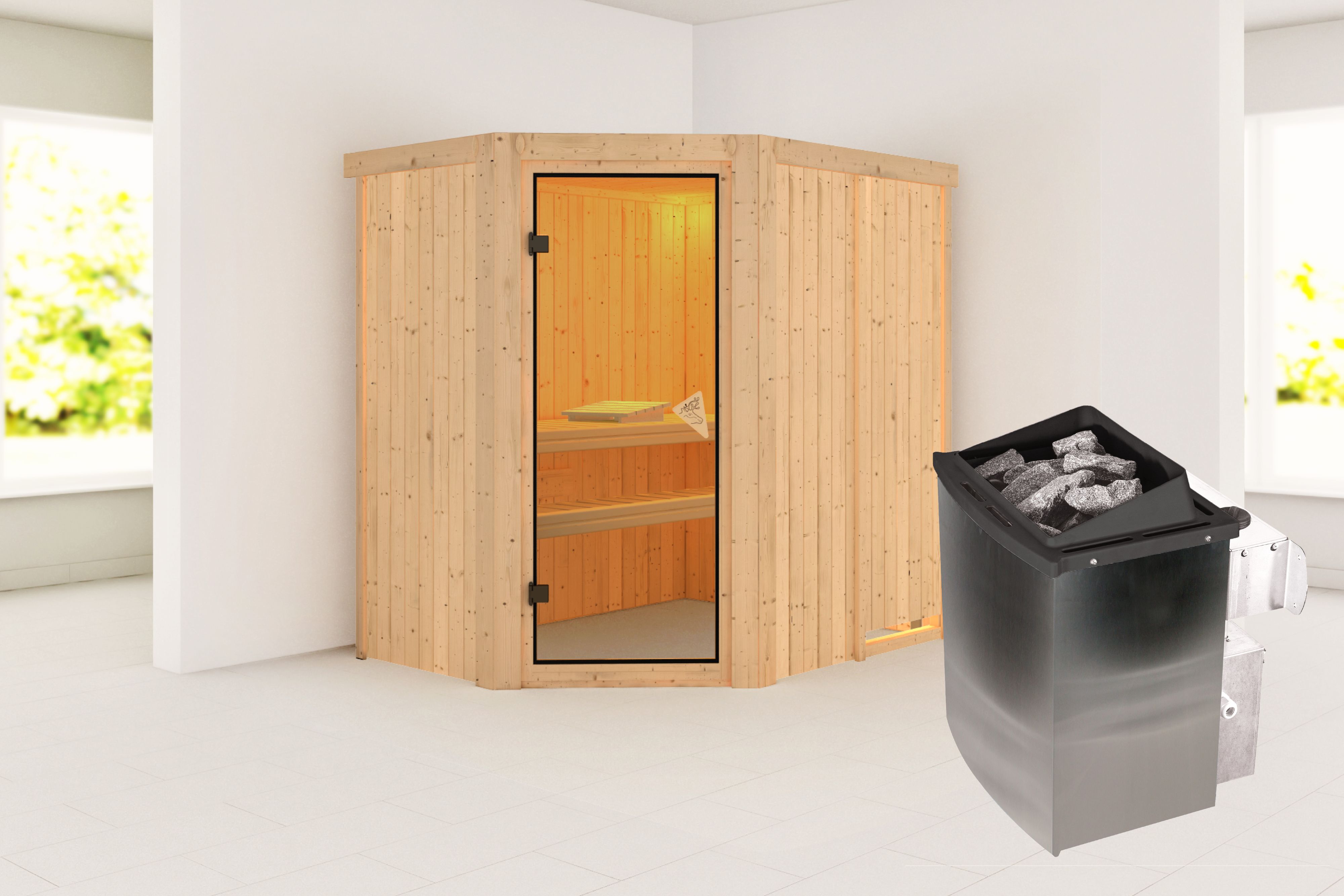 Außenansicht der Karibu Sauna Carin aus nordischer Fichte mit bronzierter Ganzglastür und Fronteinstieg