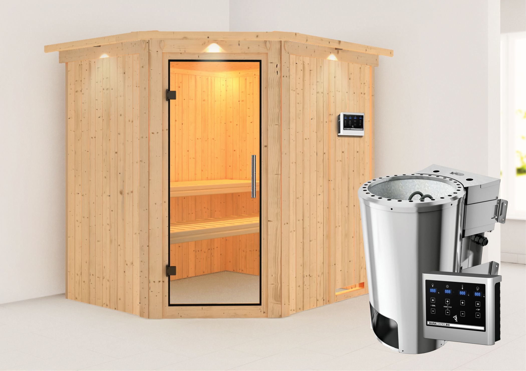 Außenansicht der Karibu Sauna Lilja aus nordischer Fichte mit Klarglas-Ganzglastür und Fronteinstieg