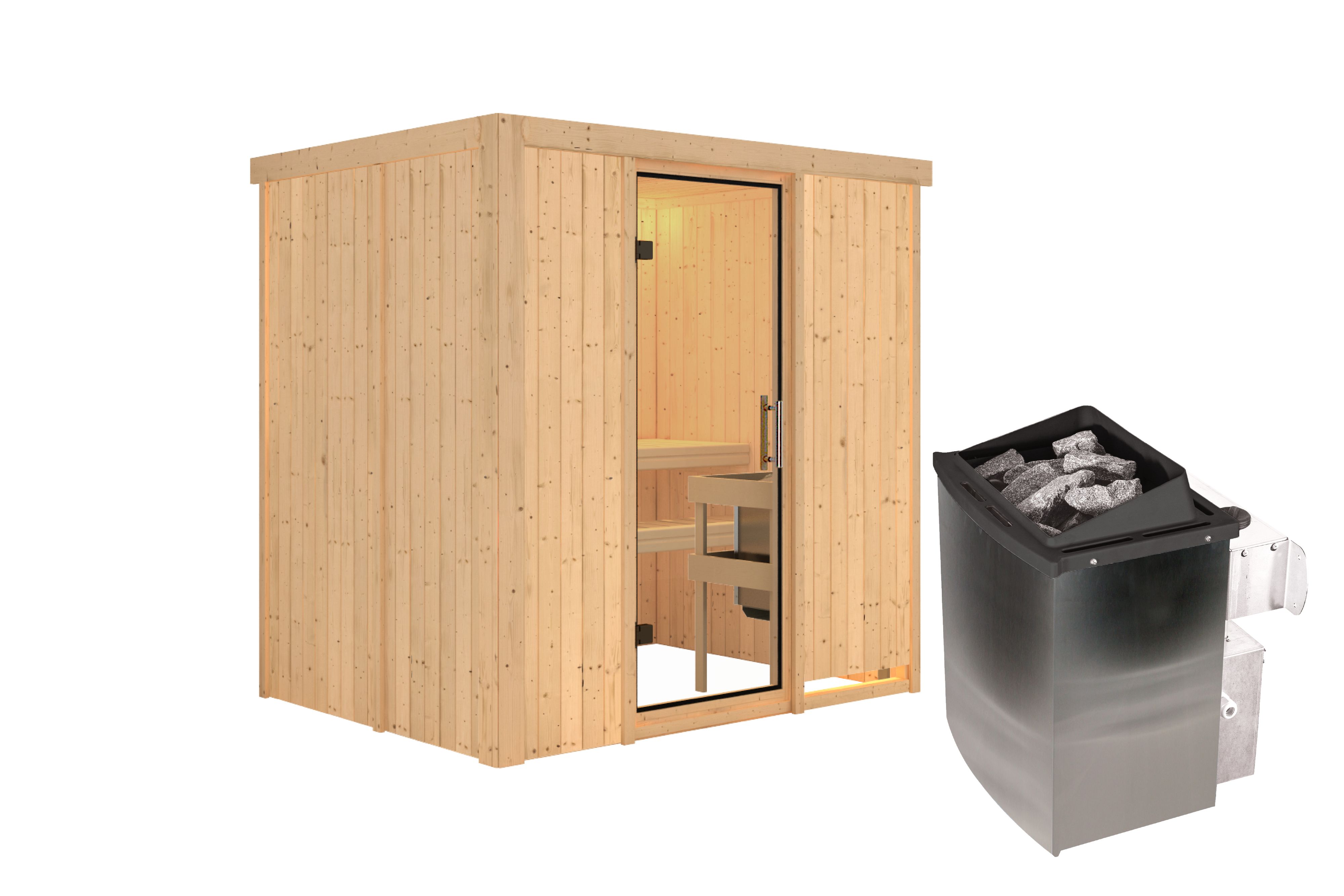 Innenansicht der Karibu Sauna Bodin mit Liegen und Kopfstütze aus hellem Espenholz