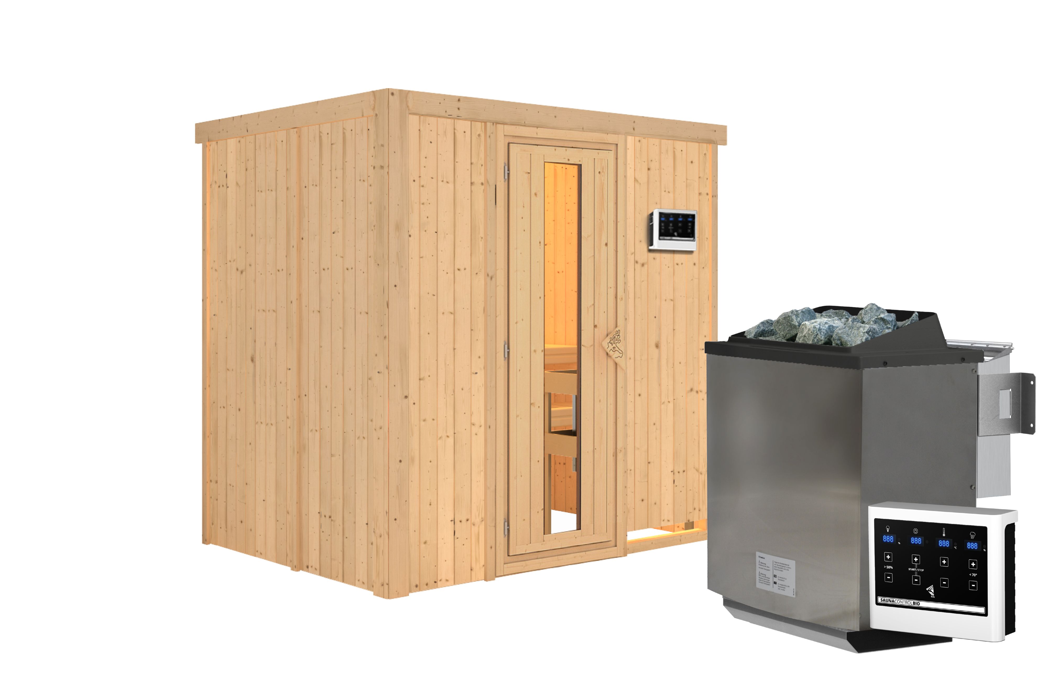 Innenansicht der Karibu Sauna Bodin mit Liegen und Kopfstütze aus hellem Espenholz