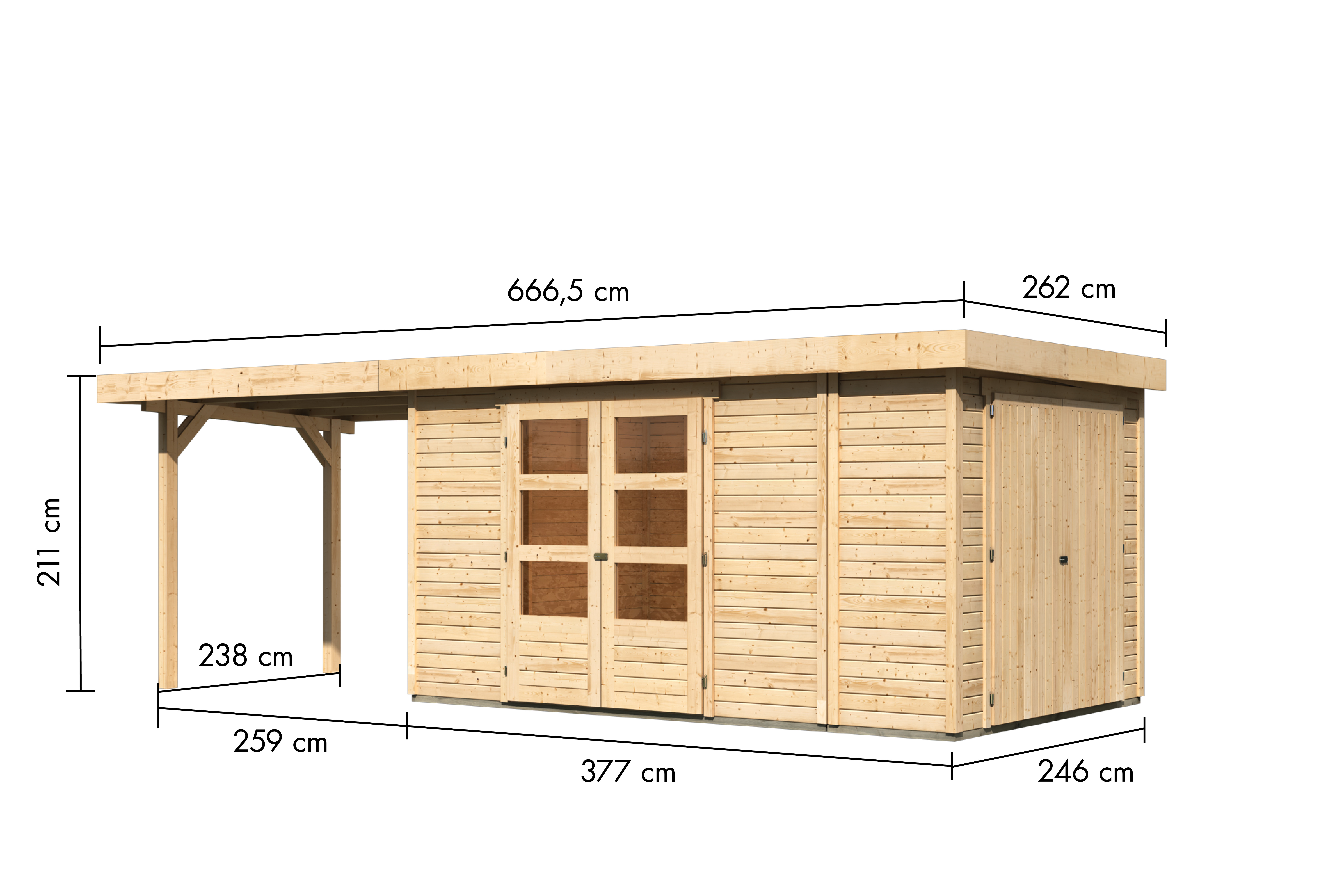 Bemaßte Maßzeichnung des Karibu großes Gerätehaus Retola 6 mit Anbaudach, 666 × 262 cm