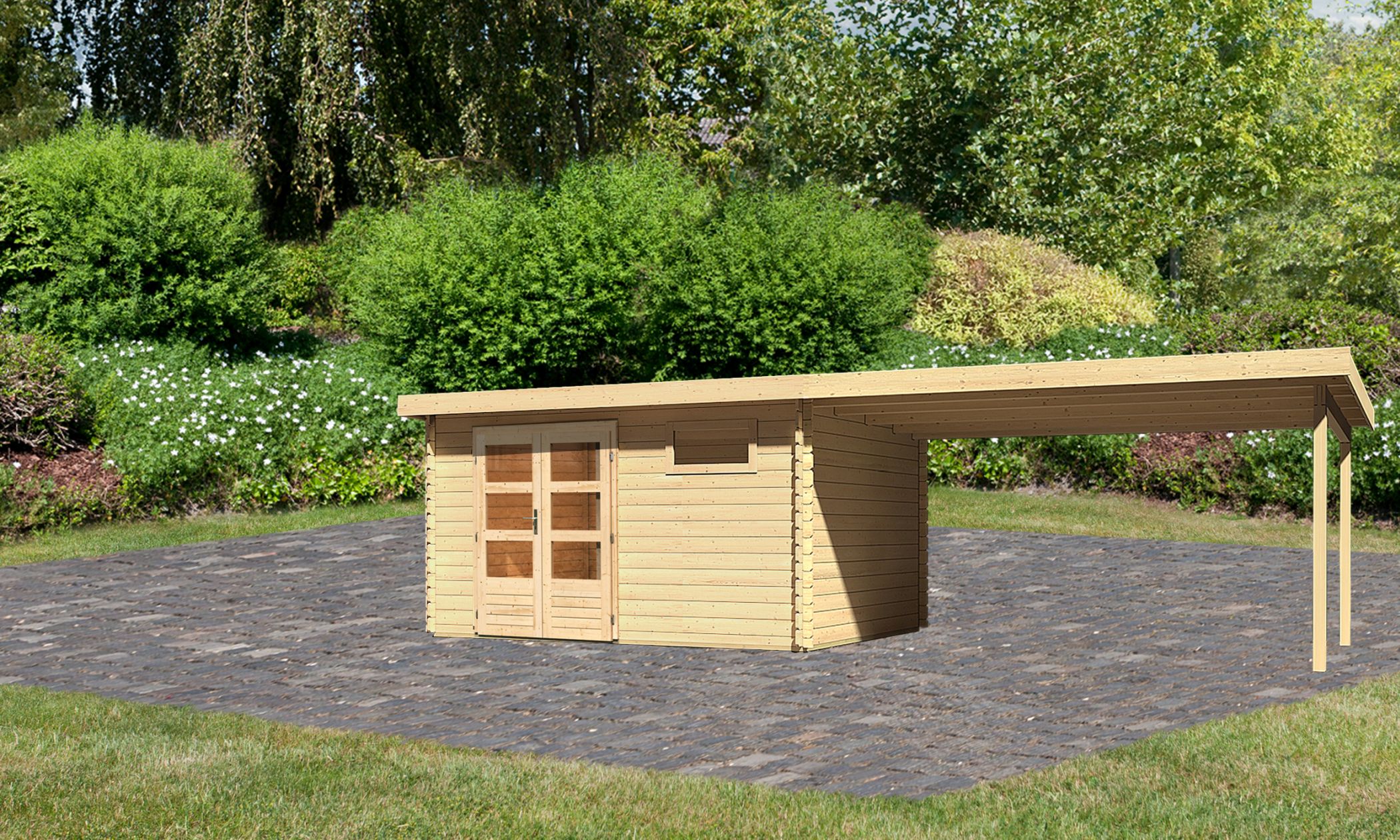 Karibu Gartenhaus Bastrup 8 in Naturbelassen und Anbaudach, Außenansicht