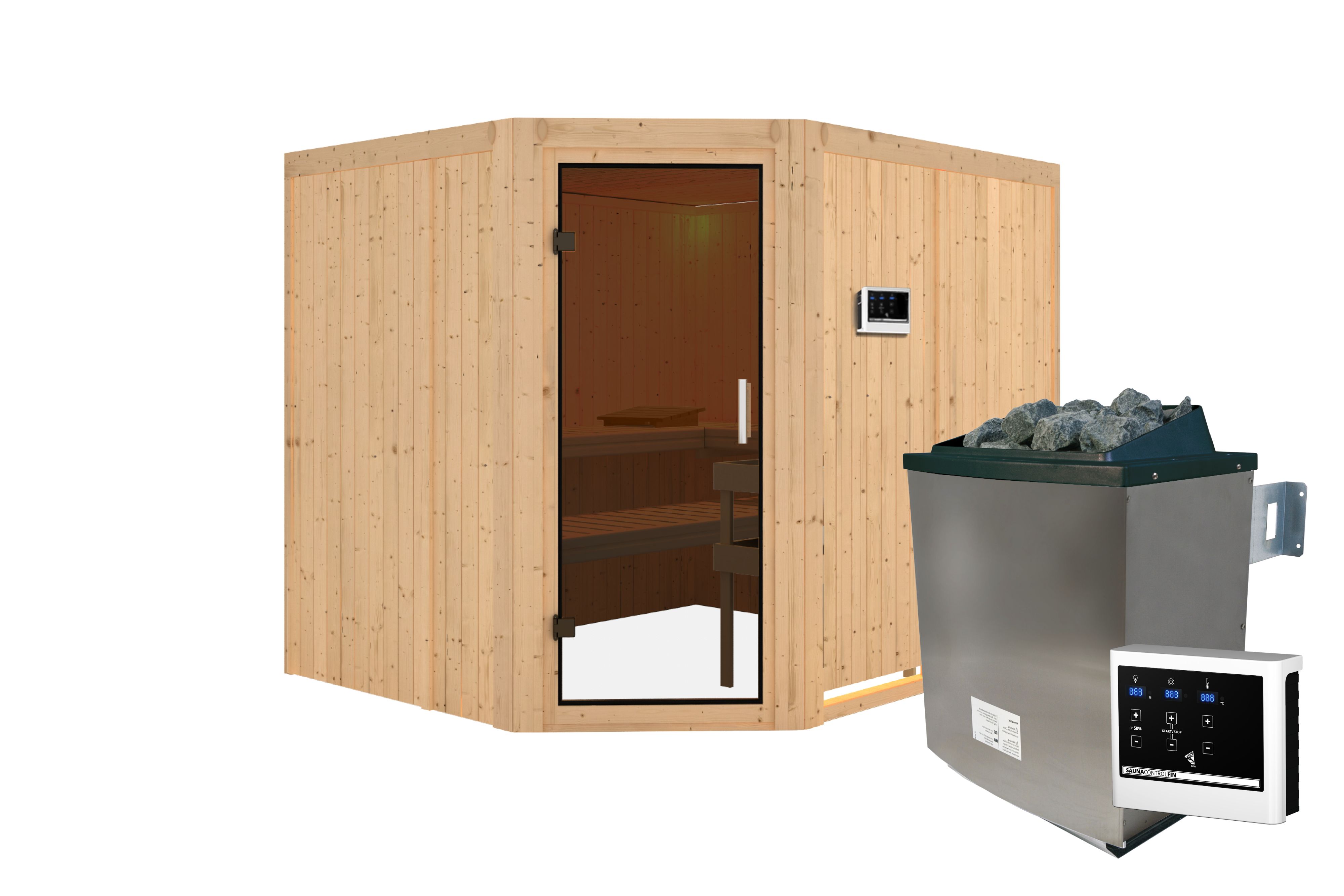 Innenansicht der Karibu Sauna Malin mit Liegen und Kopfstütze aus hellem Espenholz