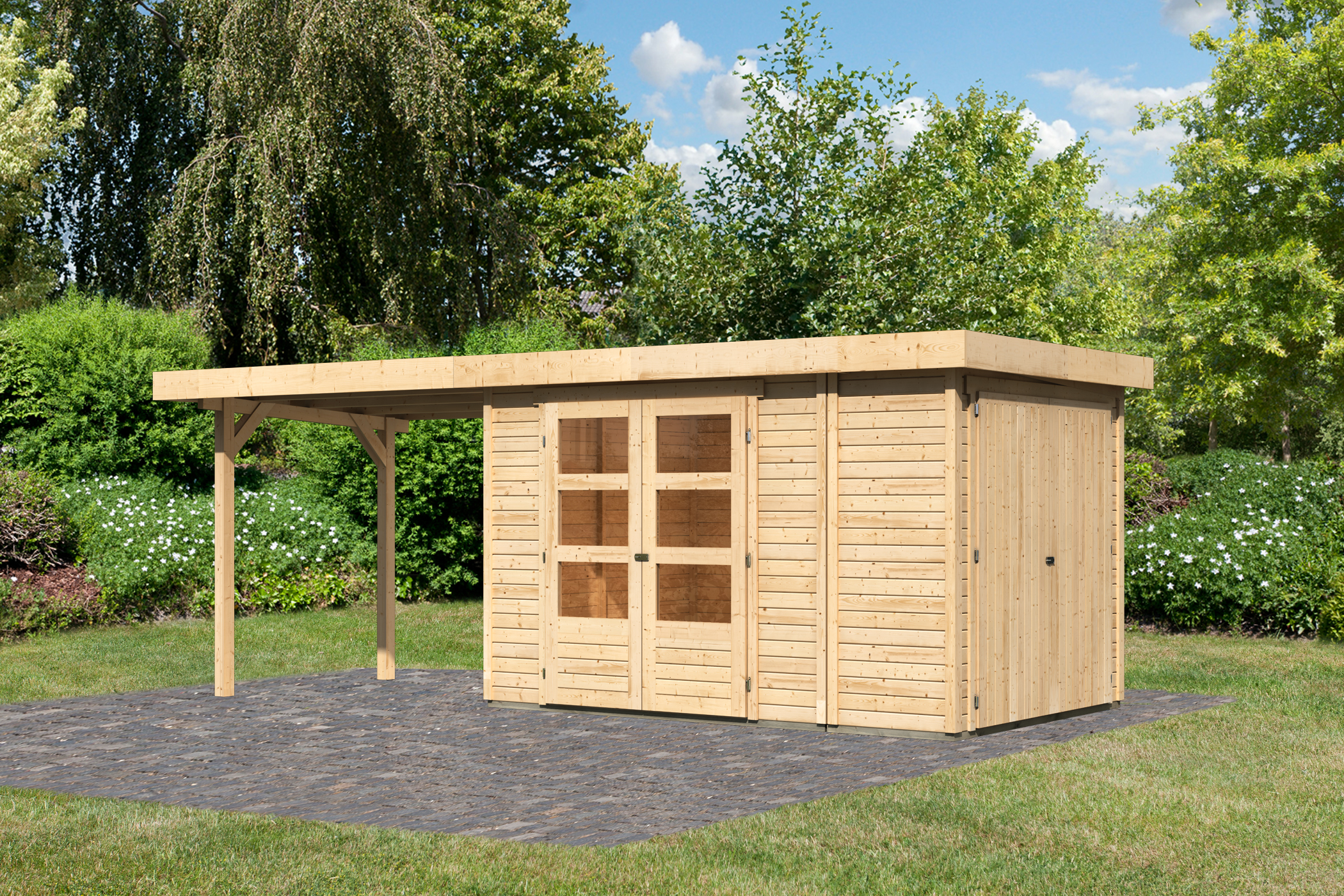 Karibu Gerätehaus Retola 3 in Naturbelassen und Anbaudach, Außenansicht