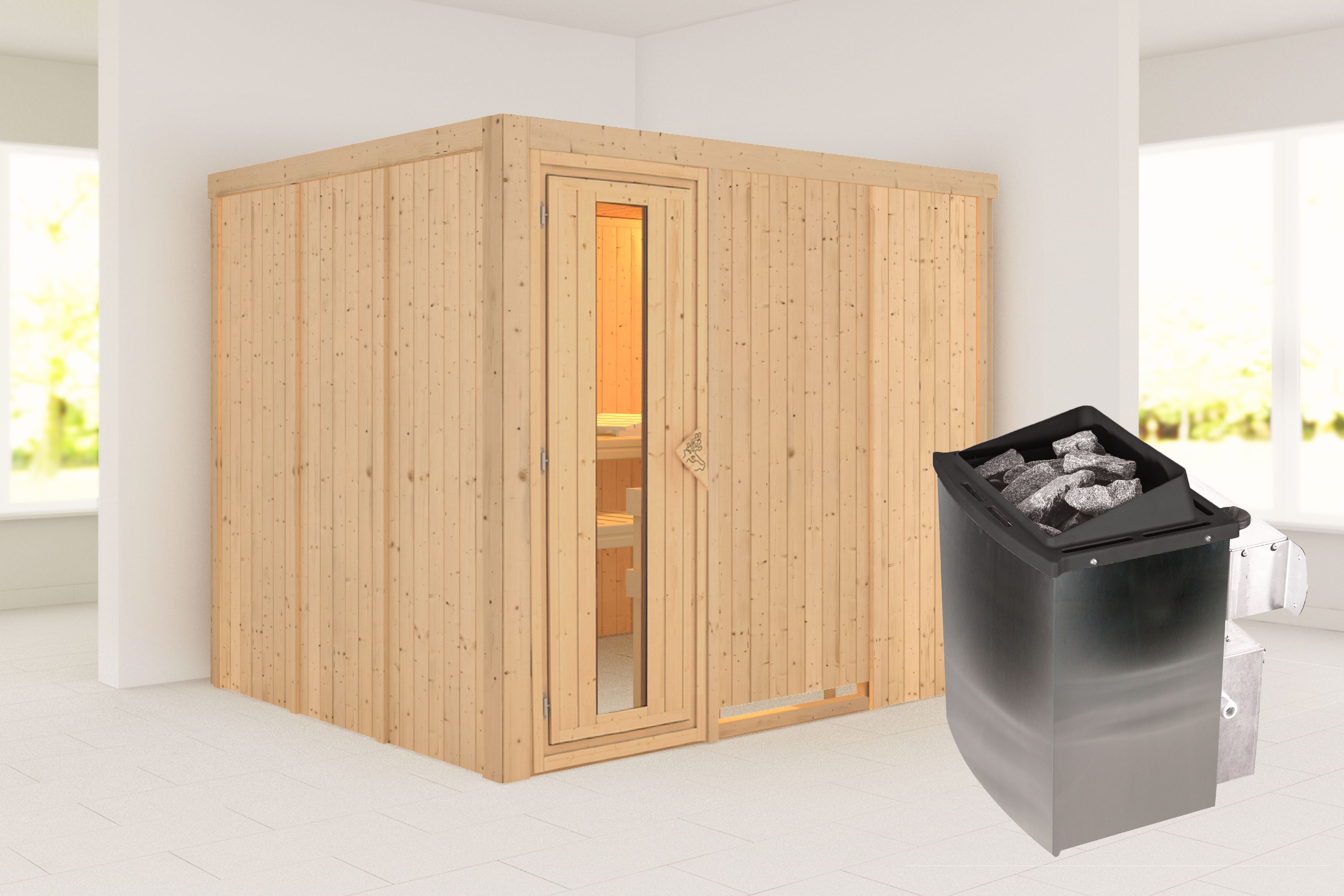 Außenansicht der Karibu Sauna Gobin aus nordischer Fichte mit isolierter Holztür und Fronteinstieg