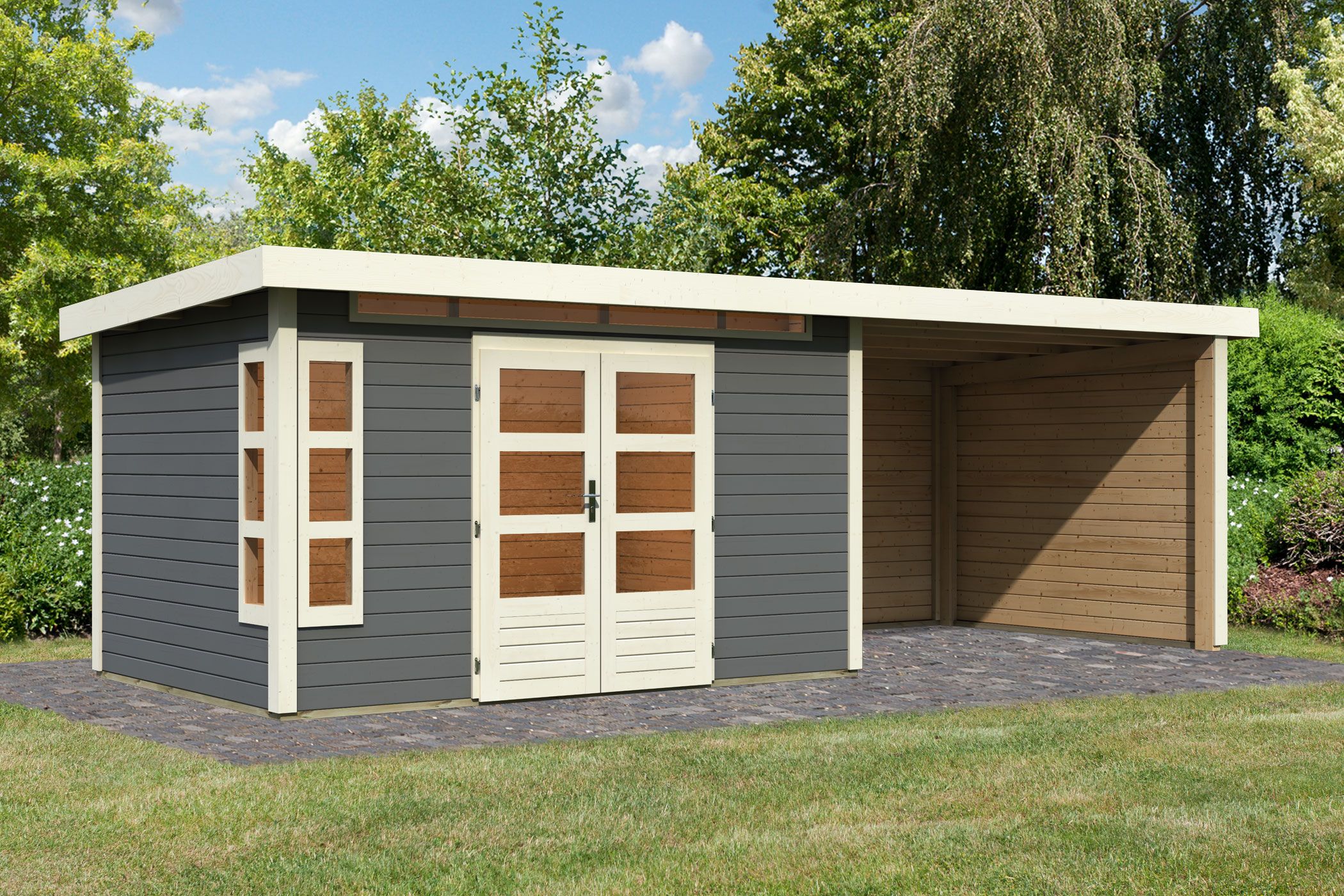 Karibu Gartenhaus Kastorf 7 in Terragrau und Anbaudach, Außenansicht