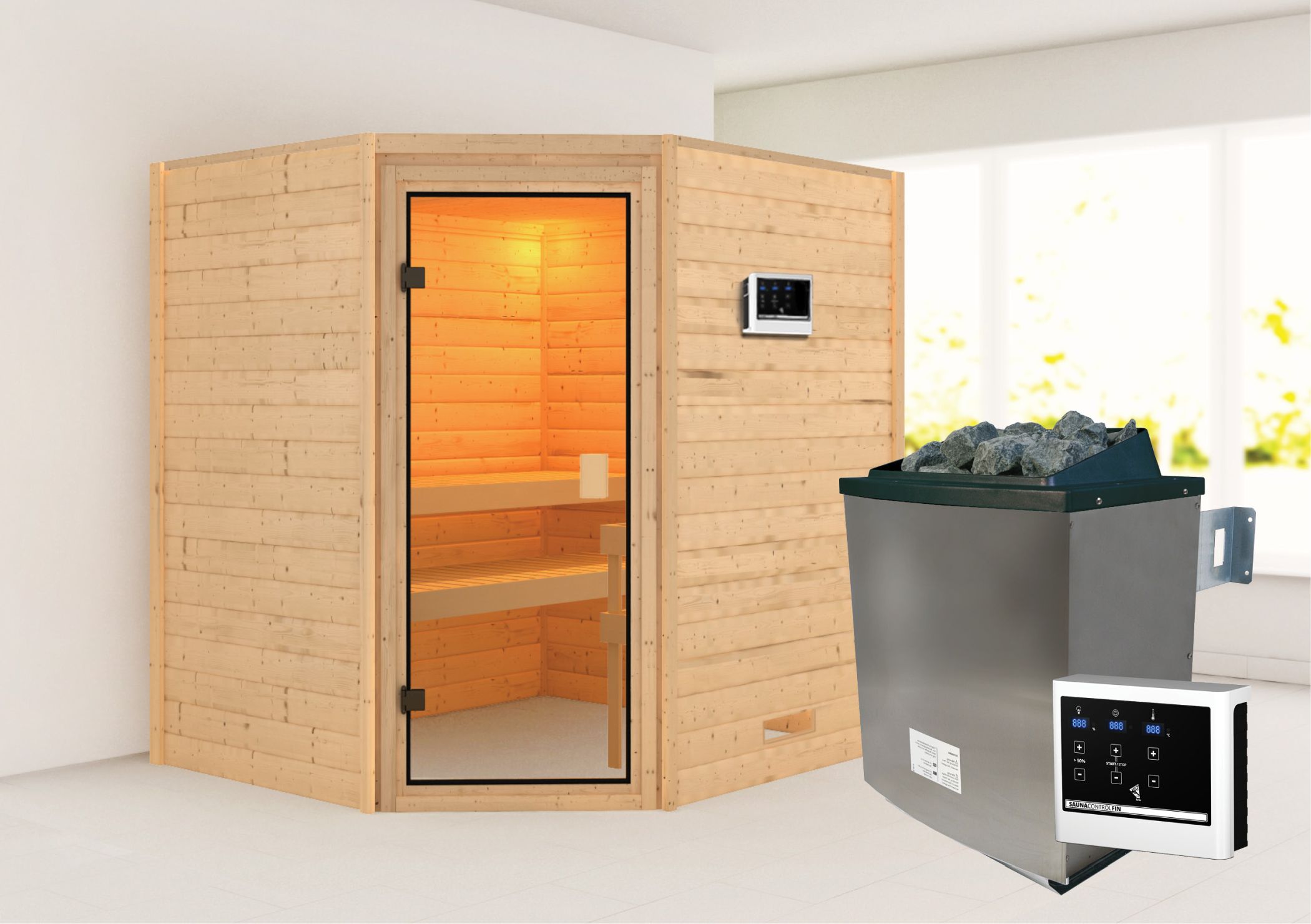 Außenansicht der Karibu Sauna Elea aus nordischer Fichte mit Ganzglastür und Fronteinstieg