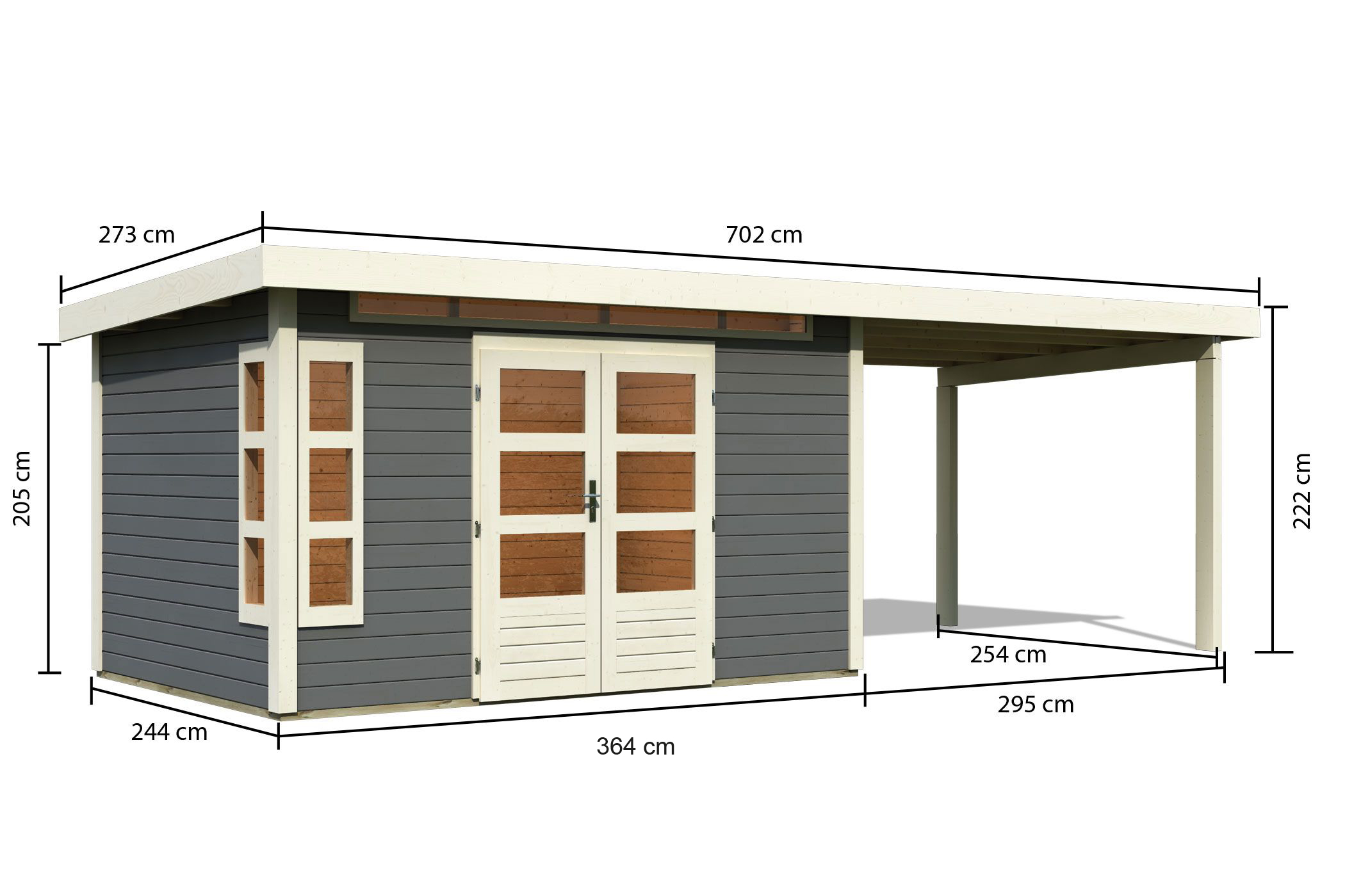 Bemaßte Maßzeichnung des Karibu Gartenhaus Kastorf 7 mit Anbaudach, 702 × 273 cm