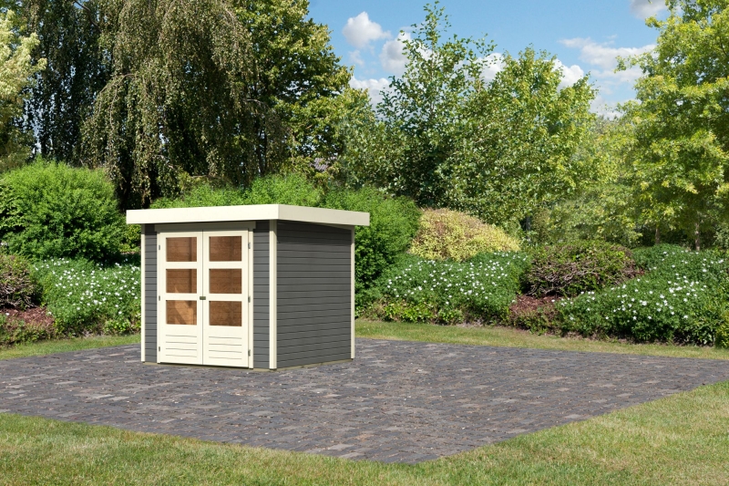 Karibu Gerätehaus Askola 2 in Terragrau, Außenansicht