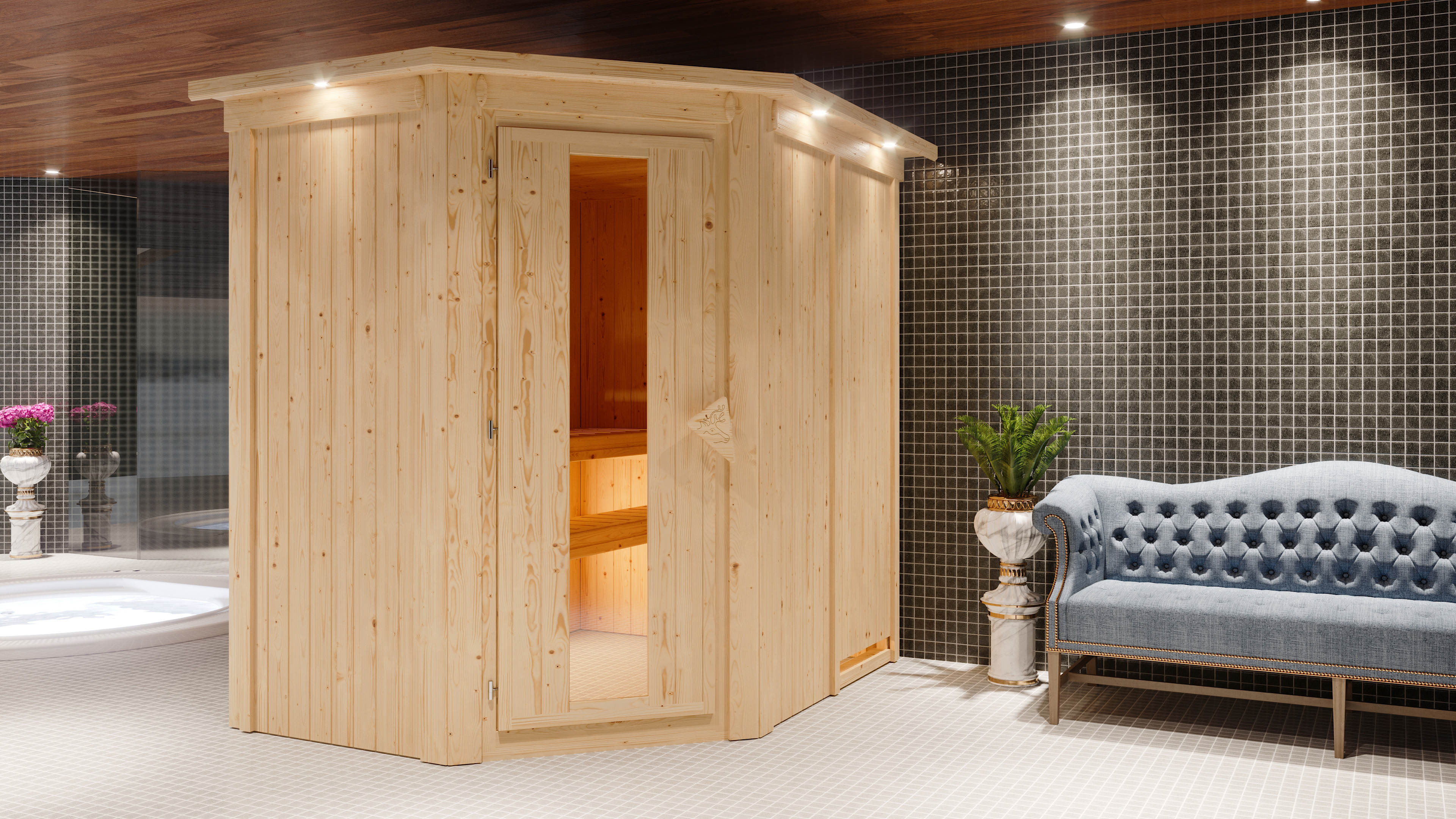 Karibu Sauna Carin als stimmungsvoller Wellnessbereich in einem modern eingerichteten Wohnraum
