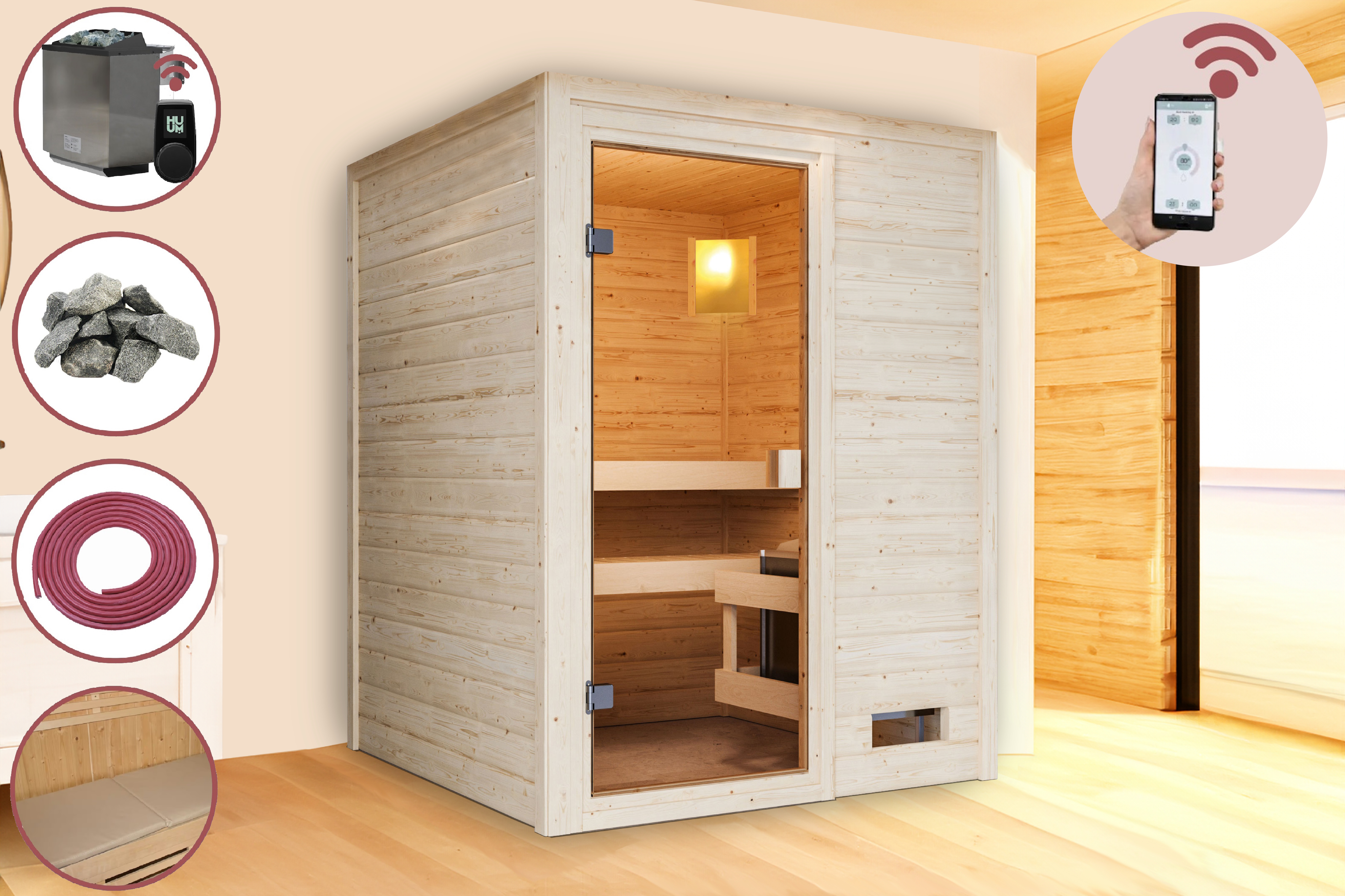 Sauna Mila 1 im Sparset / 9kW Bio-Ofen mit HUUM Wifi Steuerung