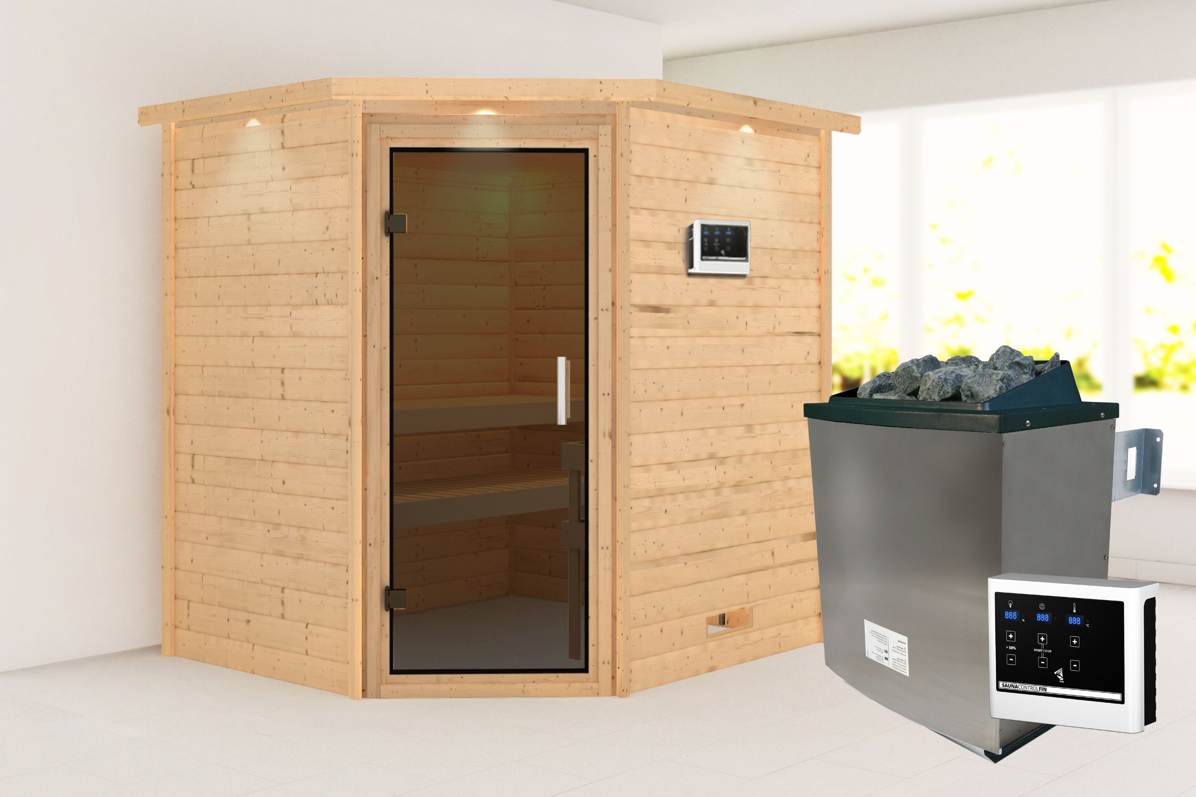 Außenansicht der Karibu Sauna Mia aus nordischer Fichte mit graphitfarbener Ganzglastür und Fronteinstieg