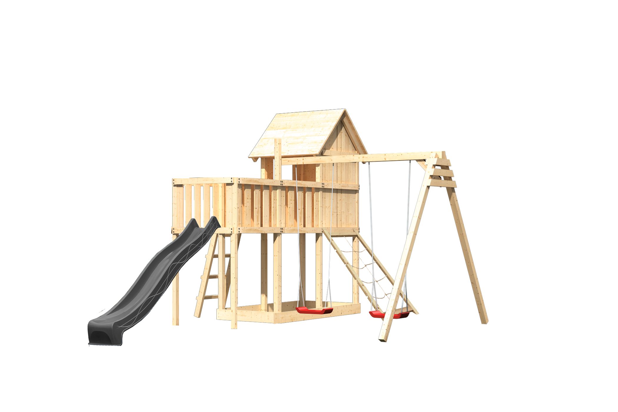 Karibu Spielgerät aus Holz mit Wellenrutsche, freigestellt