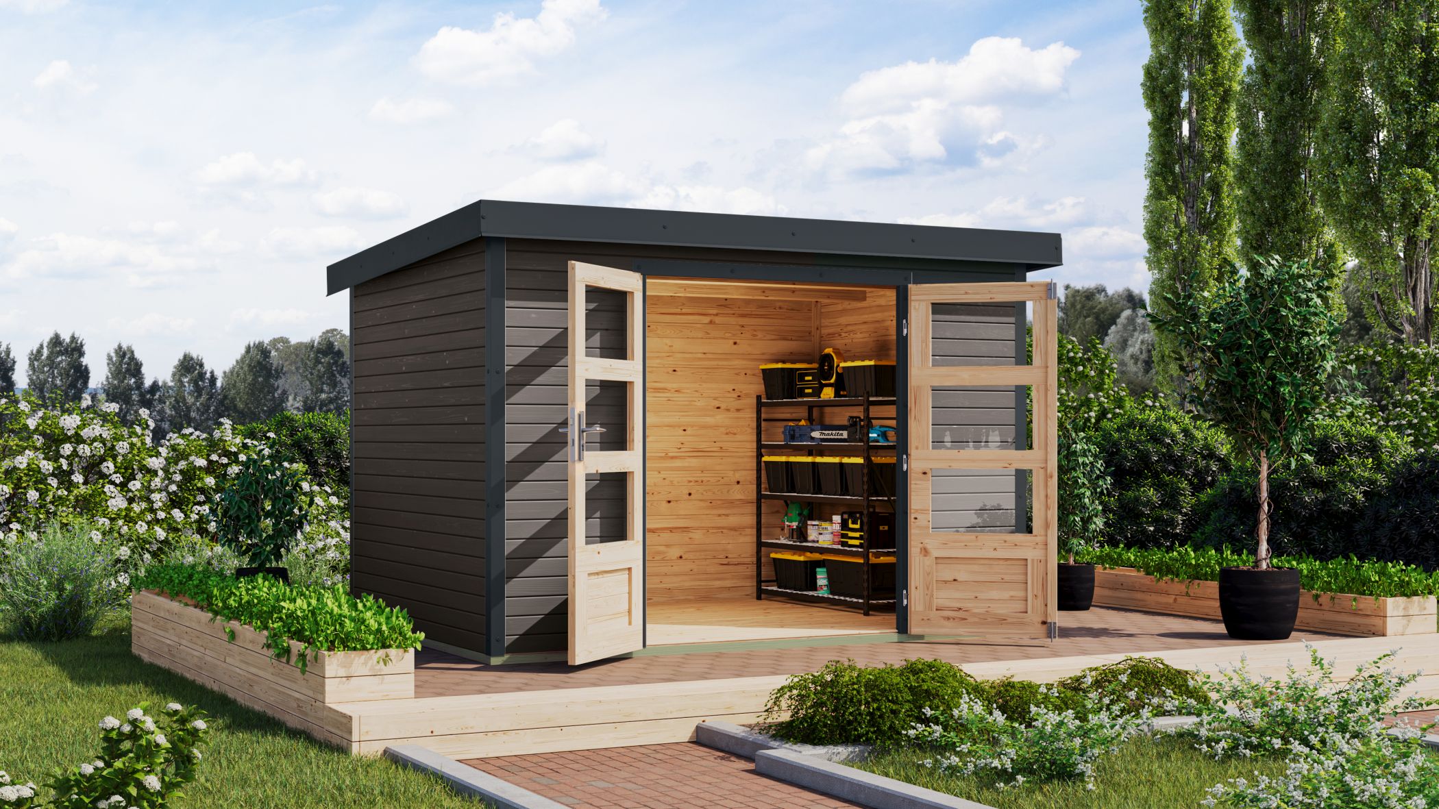 Gartenhaus Holz & Metall Jupiter 4 terragrau - Metall anthrazit / Lagerabverkauf