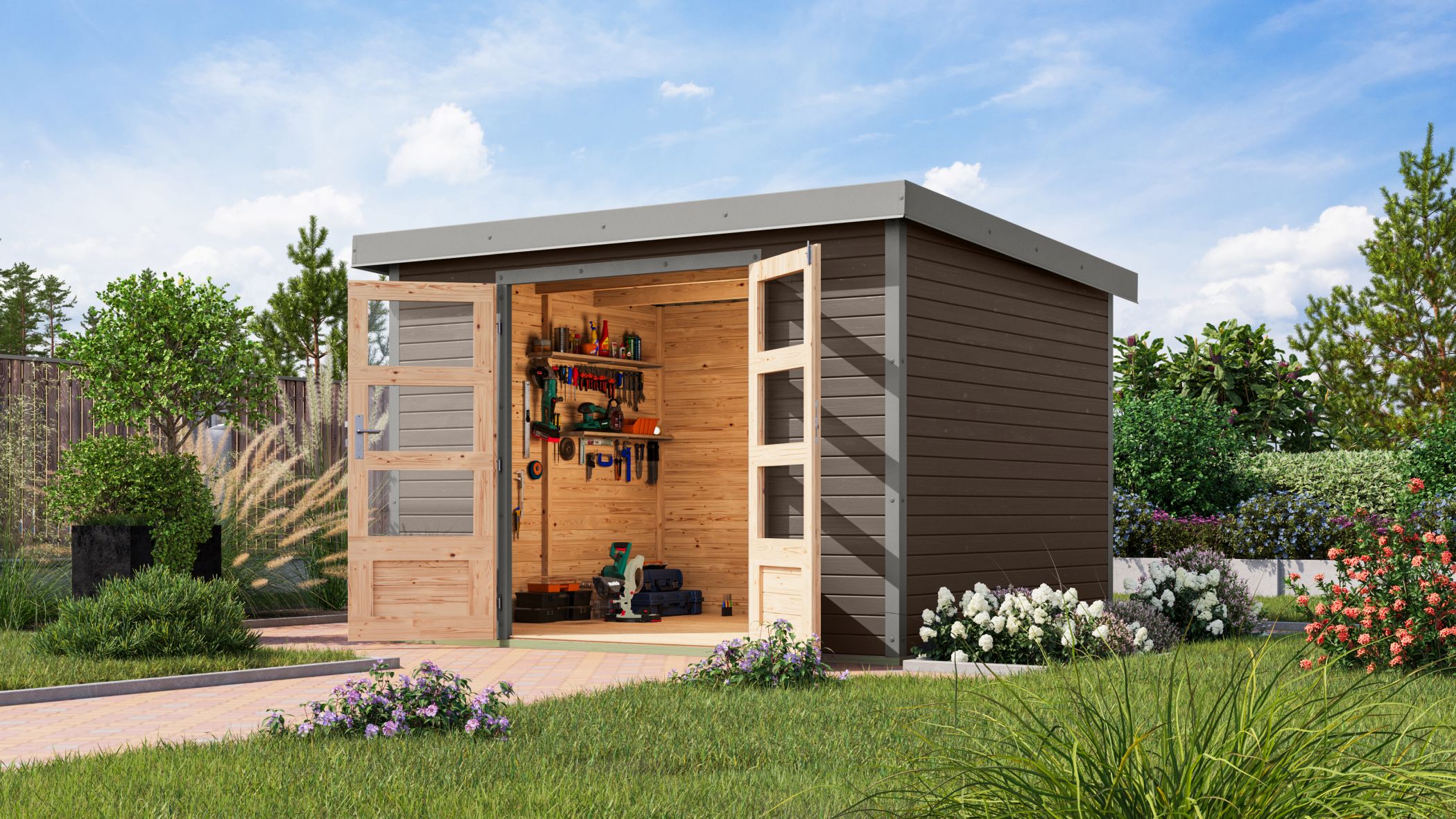 Gartenhaus Holz & Metall Jupiter 5 terragrau - Metall graualuminium / Lagerabverkauf