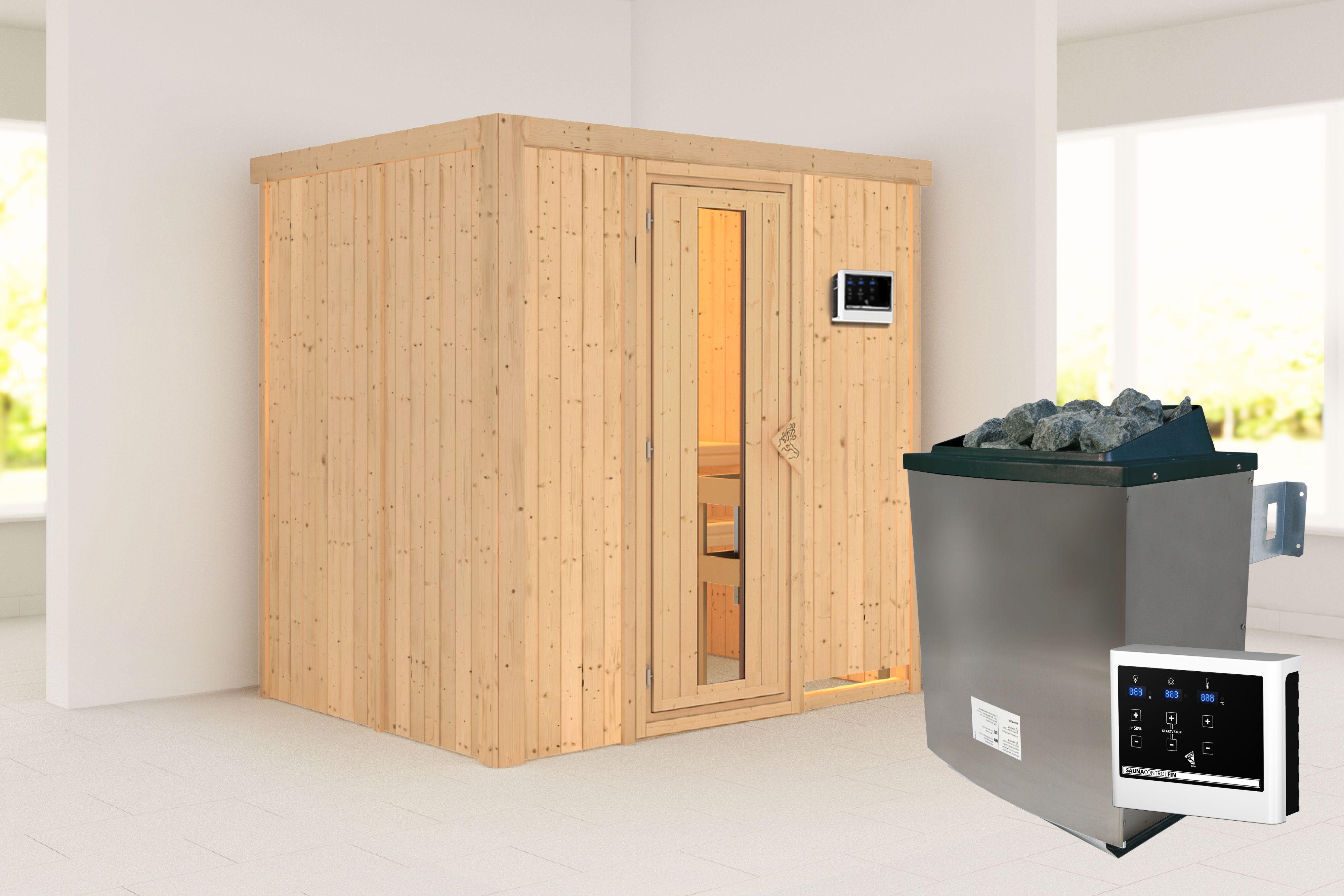 Außenansicht der Karibu Sauna Bodin aus nordischer Fichte mit isolierter Holztür und Fronteinstieg
