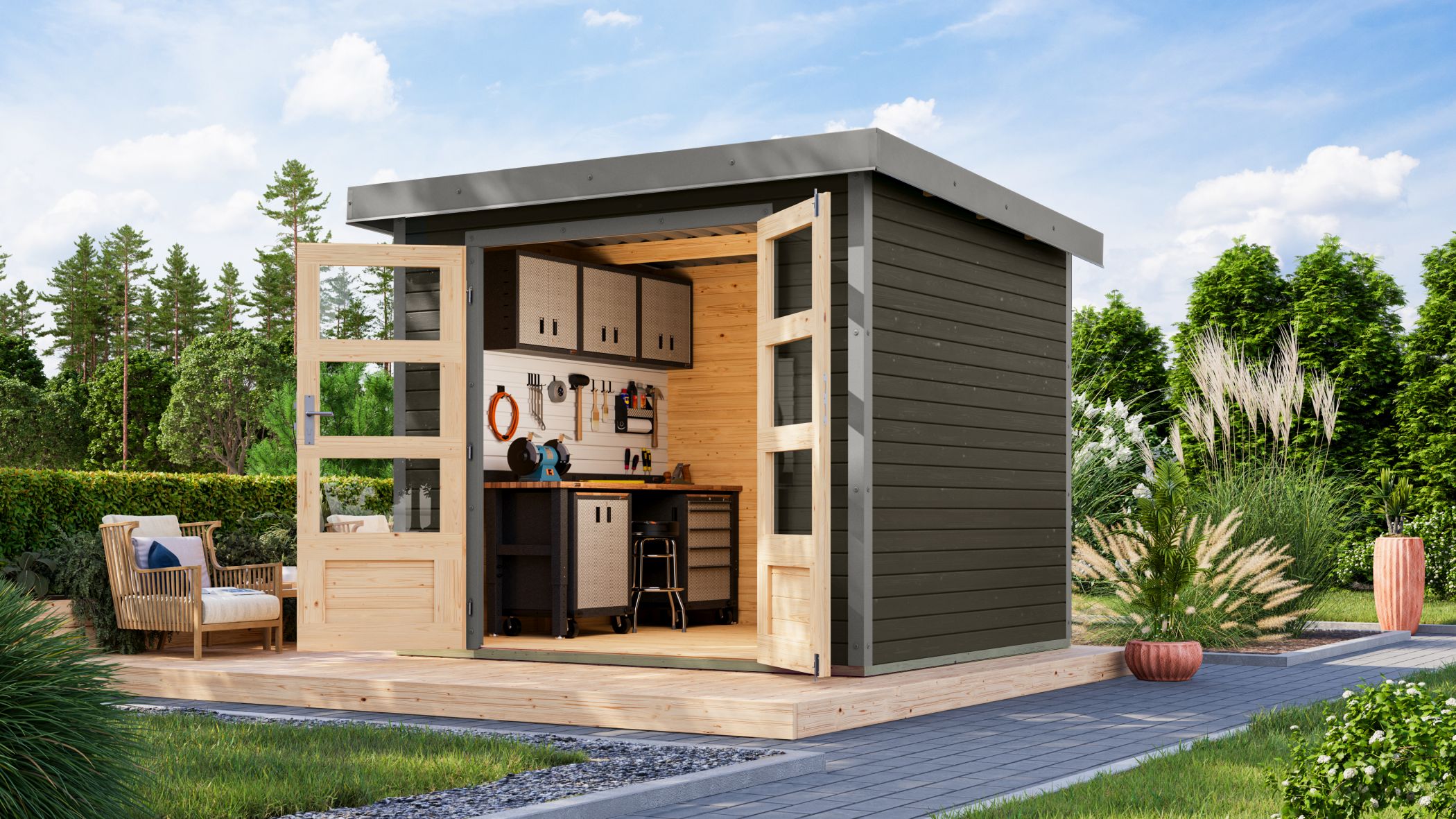 Gartenhaus Holz & Metall Jupiter 3 terragrau - Metall graualuminium / Lagerabverkauf