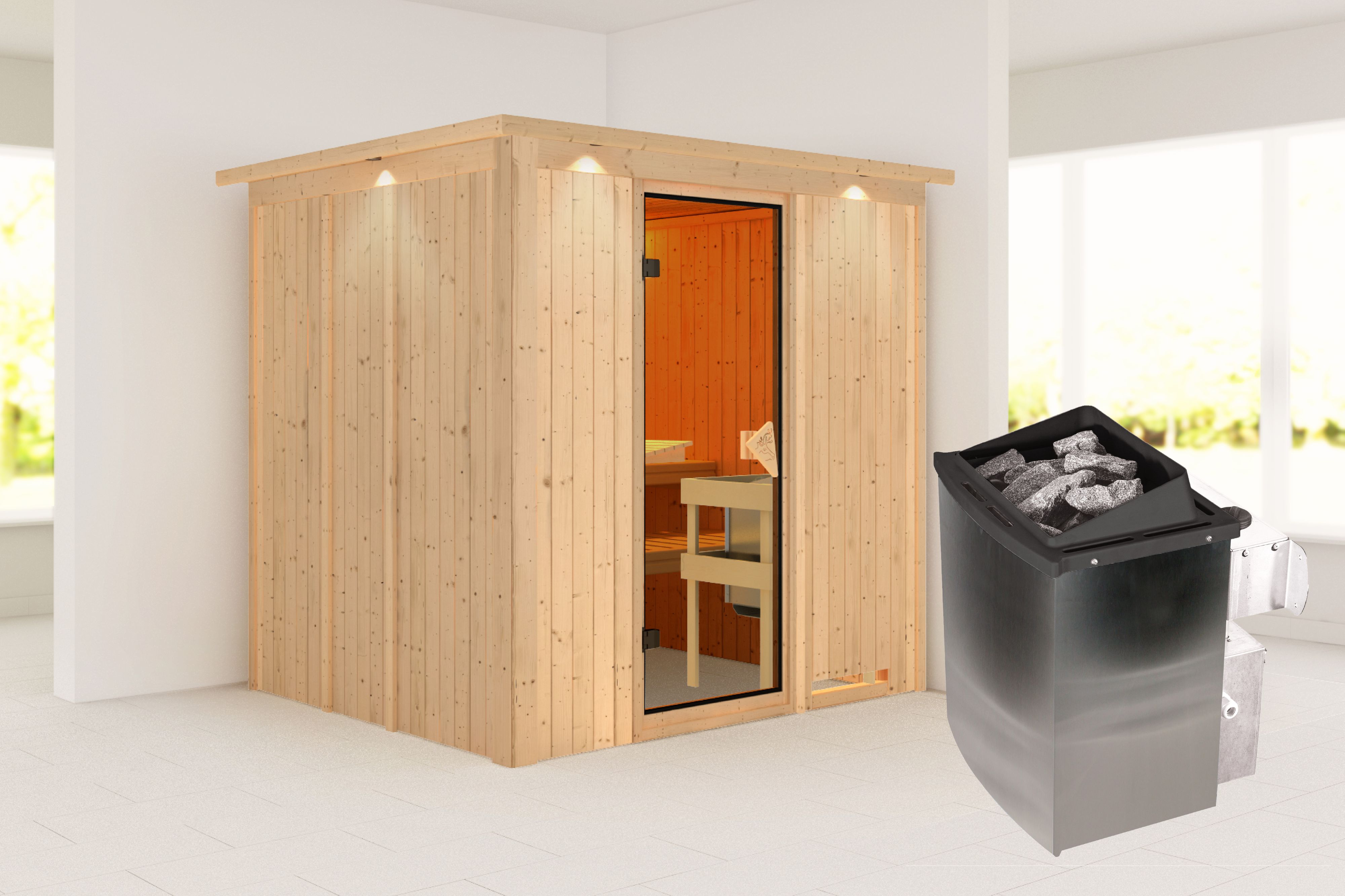 Außenansicht der Karibu Sauna Sodin aus nordischer Fichte mit bronzierter Ganzglastür und Fronteinstieg
