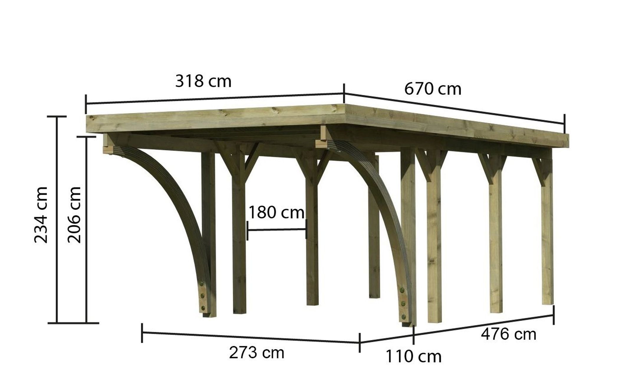 Maßzeichnung des Karibu Einzelcarport Classic 2 mit Dachmaß 318 × 670 cm und Durchfahrtshöhe 206 cm