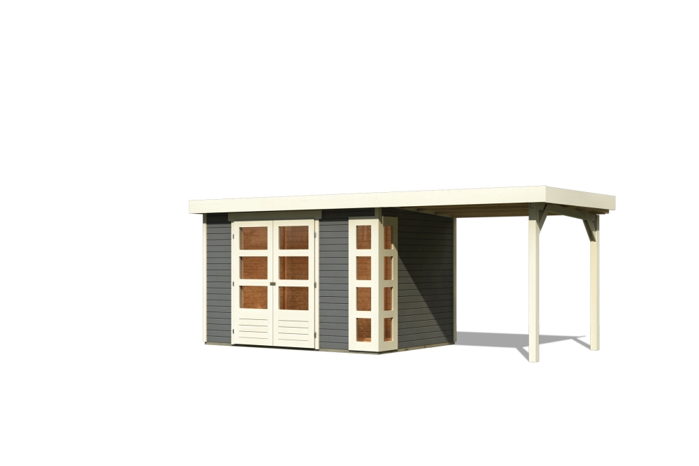 Karibu Gerätehaus Kerko 4 in Terragrau und Anbaudach, Freisteller