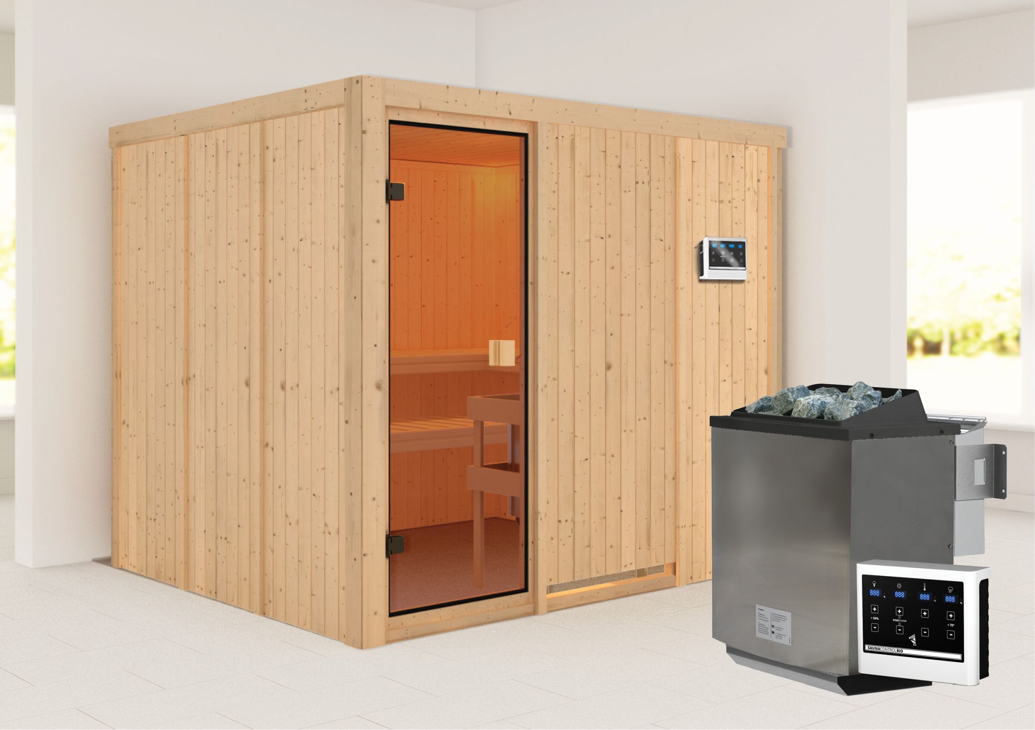 Außenansicht der Karibu Sauna Nybro aus nordischer Fichte mit Ganzglastür und Fronteinstieg