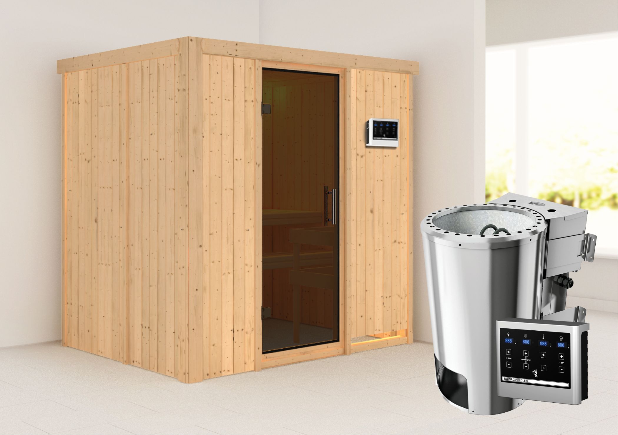 Außenansicht der Karibu Sauna Fanja aus nordischer Fichte mit graphitfarbener Ganzglastür und Fronteinstieg