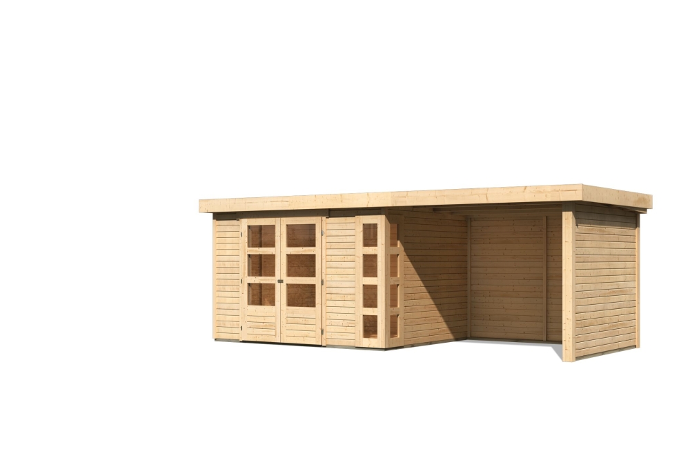 Karibu großes Gerätehaus Kerko 5 in Naturbelassen und Anbaudach, Freisteller