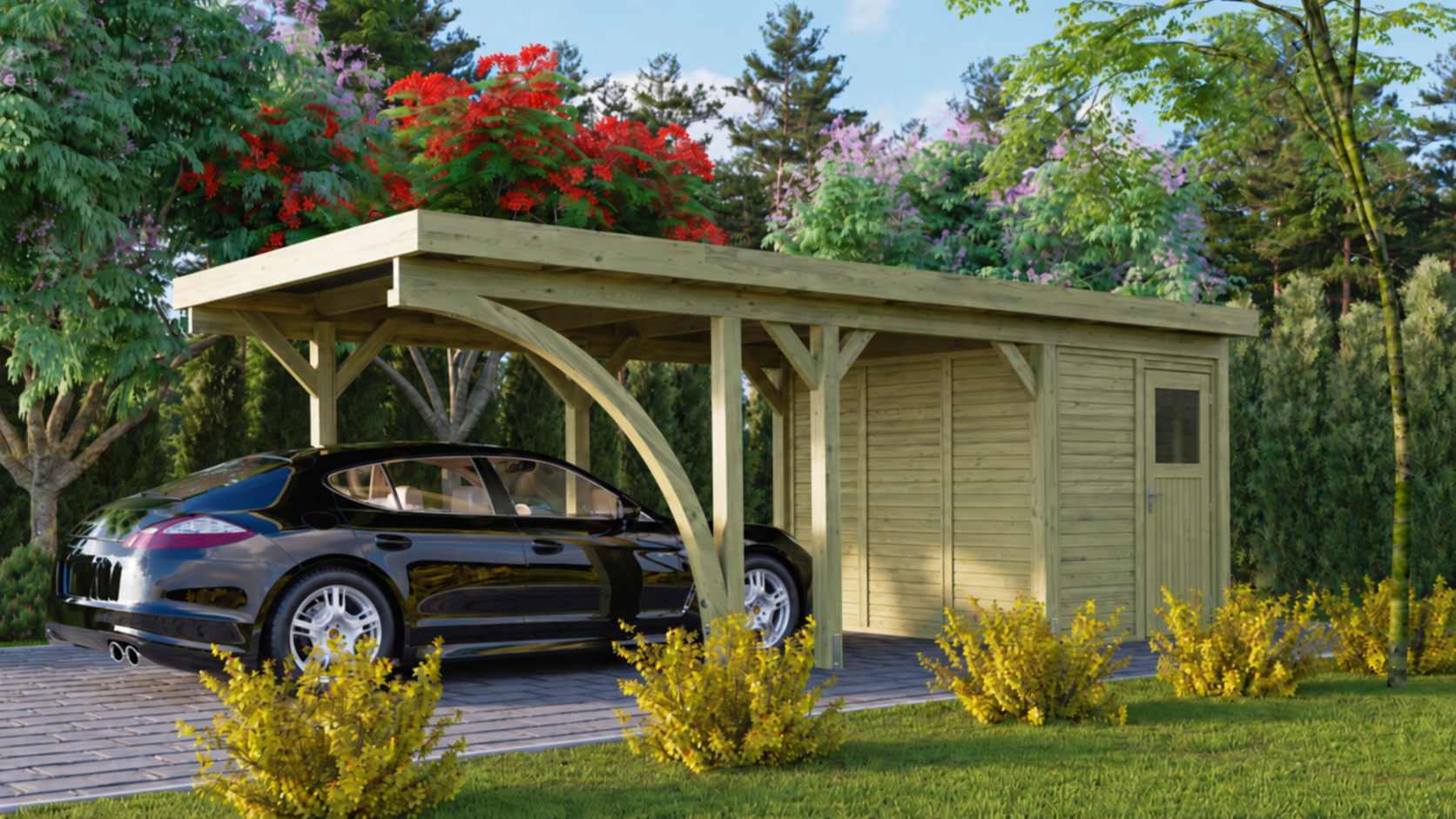 Einzelcarport Classic 2 mit PVC Dach einem Einfahrtsbogen und Geräteraum / Lagerabverkauf