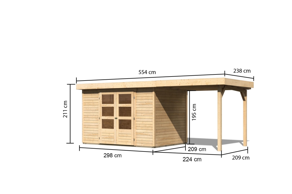 Bemaßte Maßzeichnung des Karibu Gerätehaus Askola 4 mit Anbaudach, 554 × 238 cm