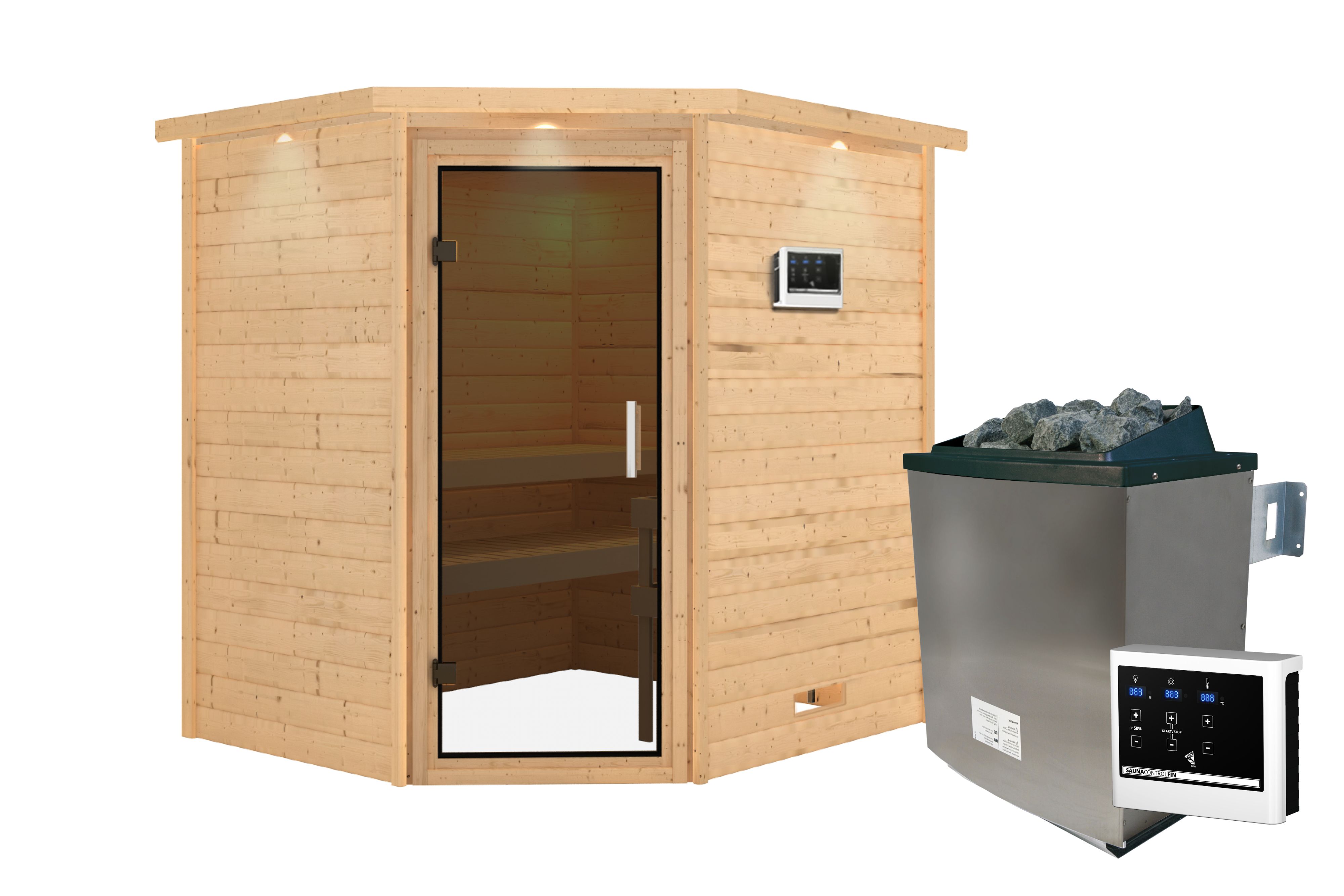 Innenansicht der Karibu Sauna Mia mit Liegen und Kopfstütze aus hellem Espenholz