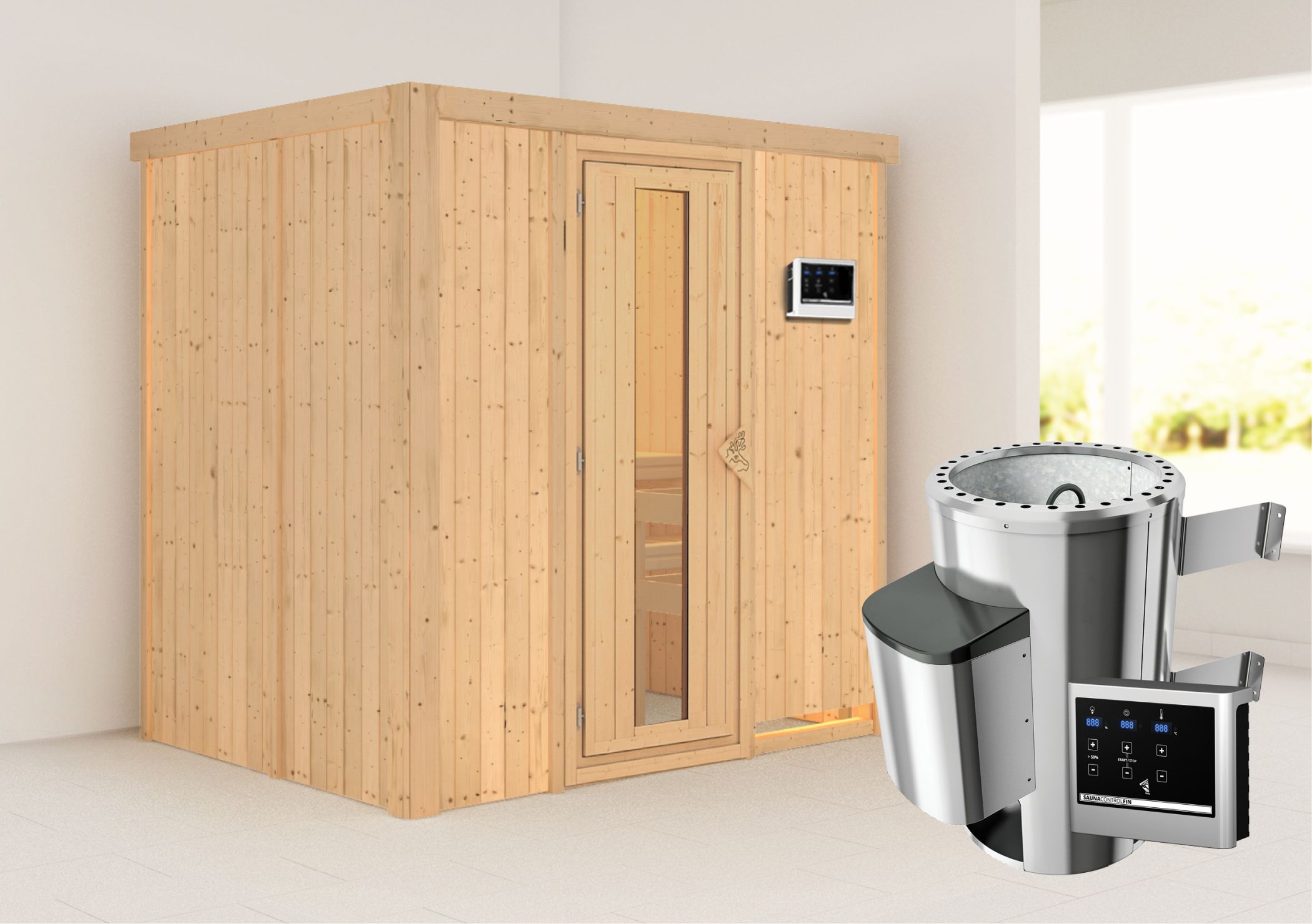 Außenansicht der Karibu Sauna Fanja aus nordischer Fichte mit isolierter Holztür und Fronteinstieg