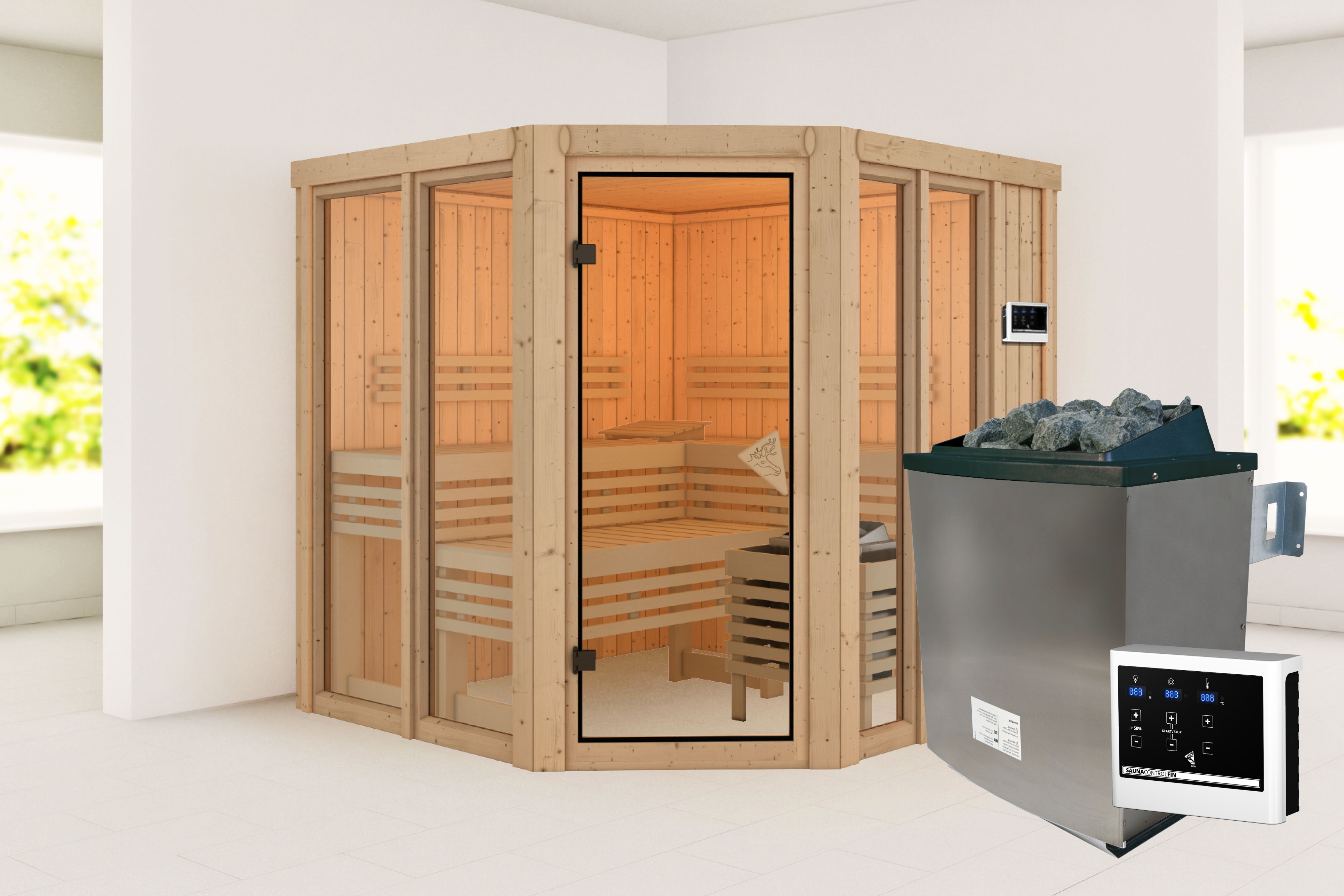 Außenansicht der Karibu Sauna Airi aus nordischer Fichte mit Ganzglastür und Fronteinstieg