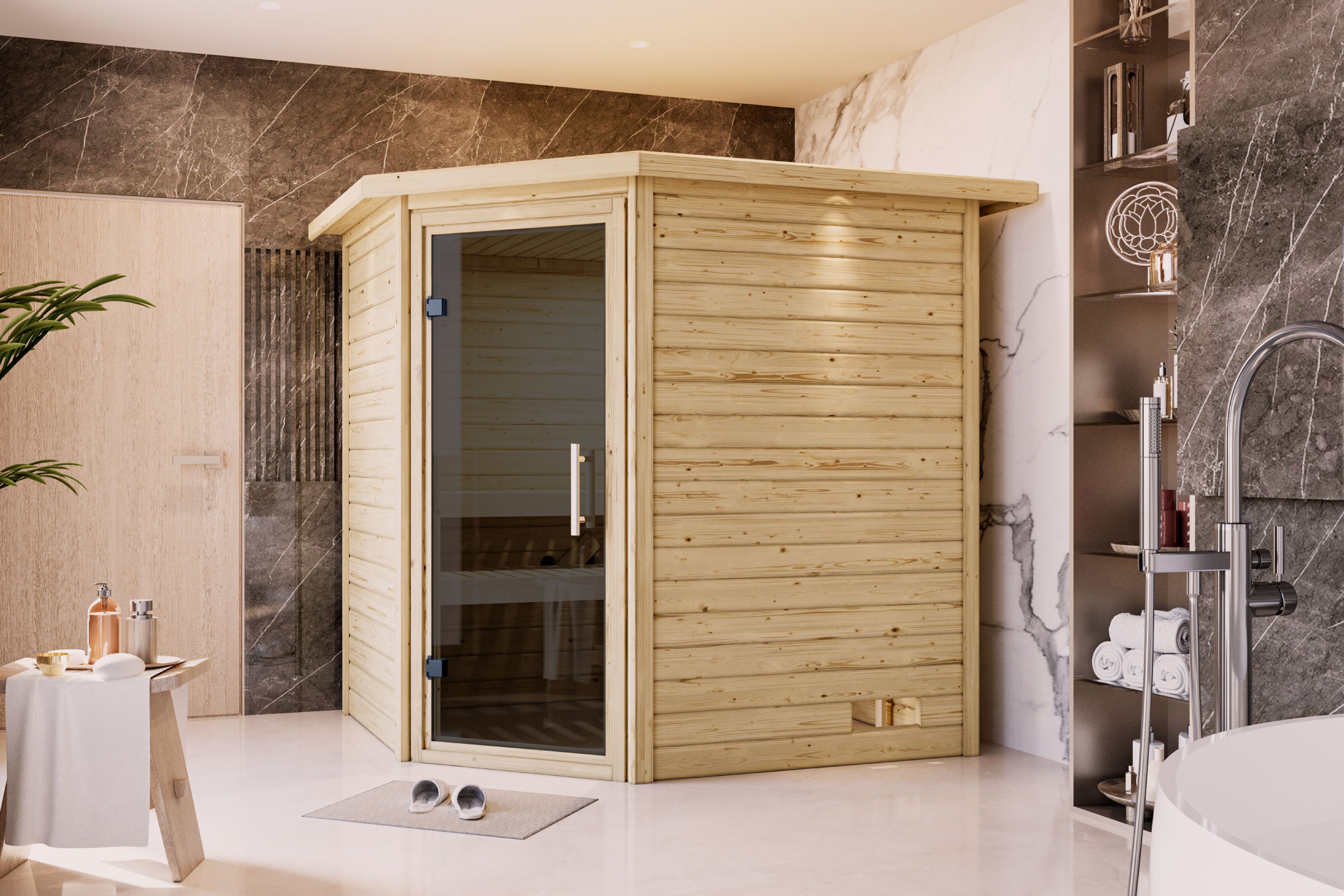 Karibu Sauna Mia als hochwertige Sauna aus nordischer Fichte im Wohnraum-Ambiente