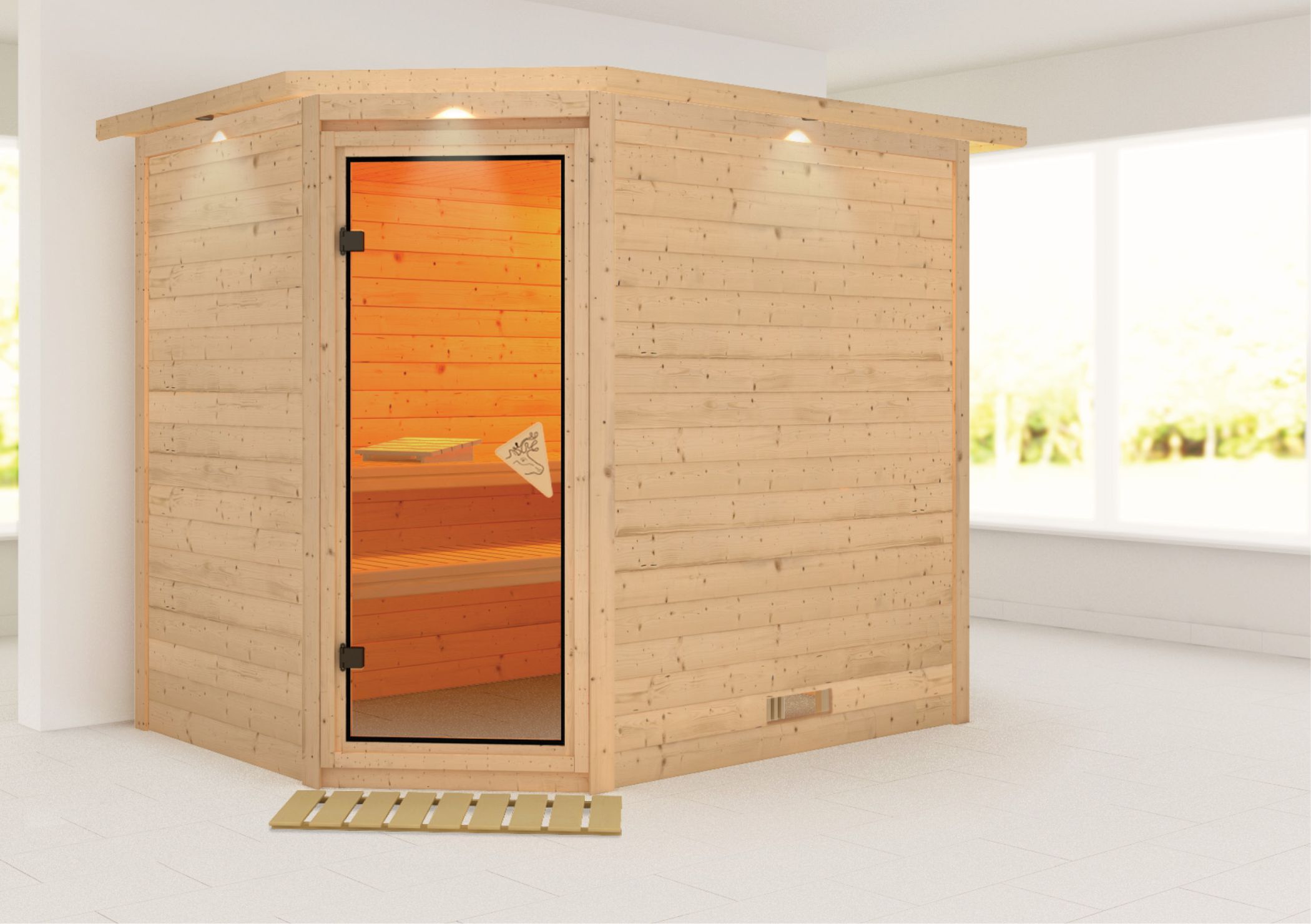 Außenansicht der Karibu Sauna Tanami aus nordischer Fichte mit Ganzglastür und Fronteinstieg