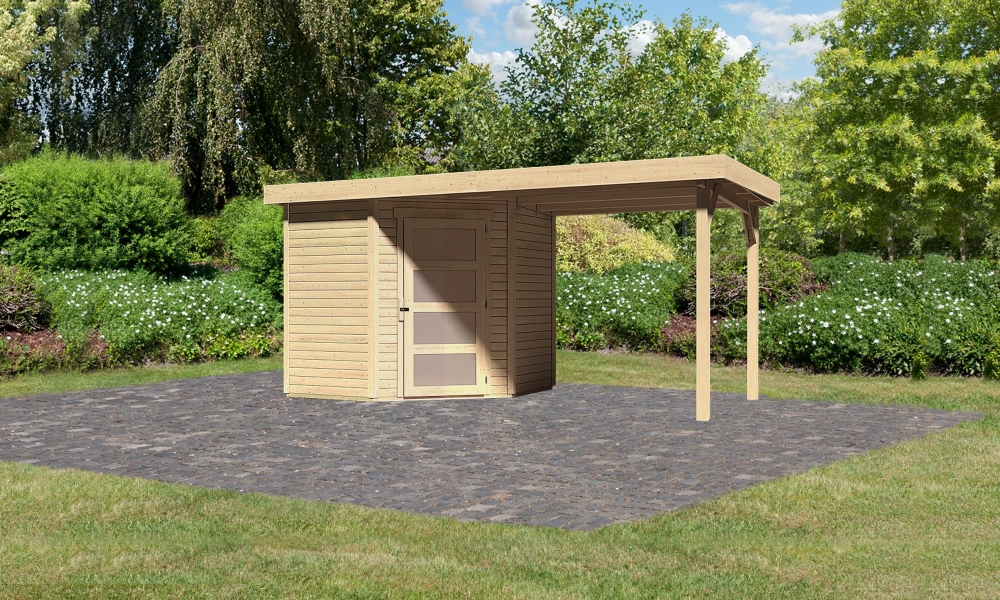 Karibu Gerätehaus Schwandorf 3 in Naturbelassen und Anbaudach, Außenansicht