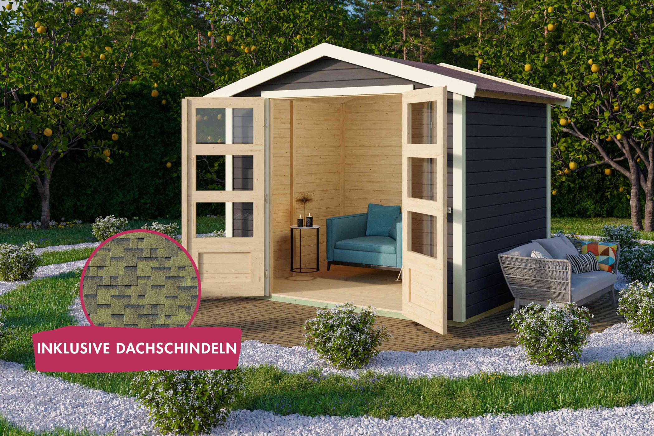 Gartenhaus Amberg 4 terragrau inkl. Dachschindeln Asymmetrisch zedernholz / Lagerabverkauf