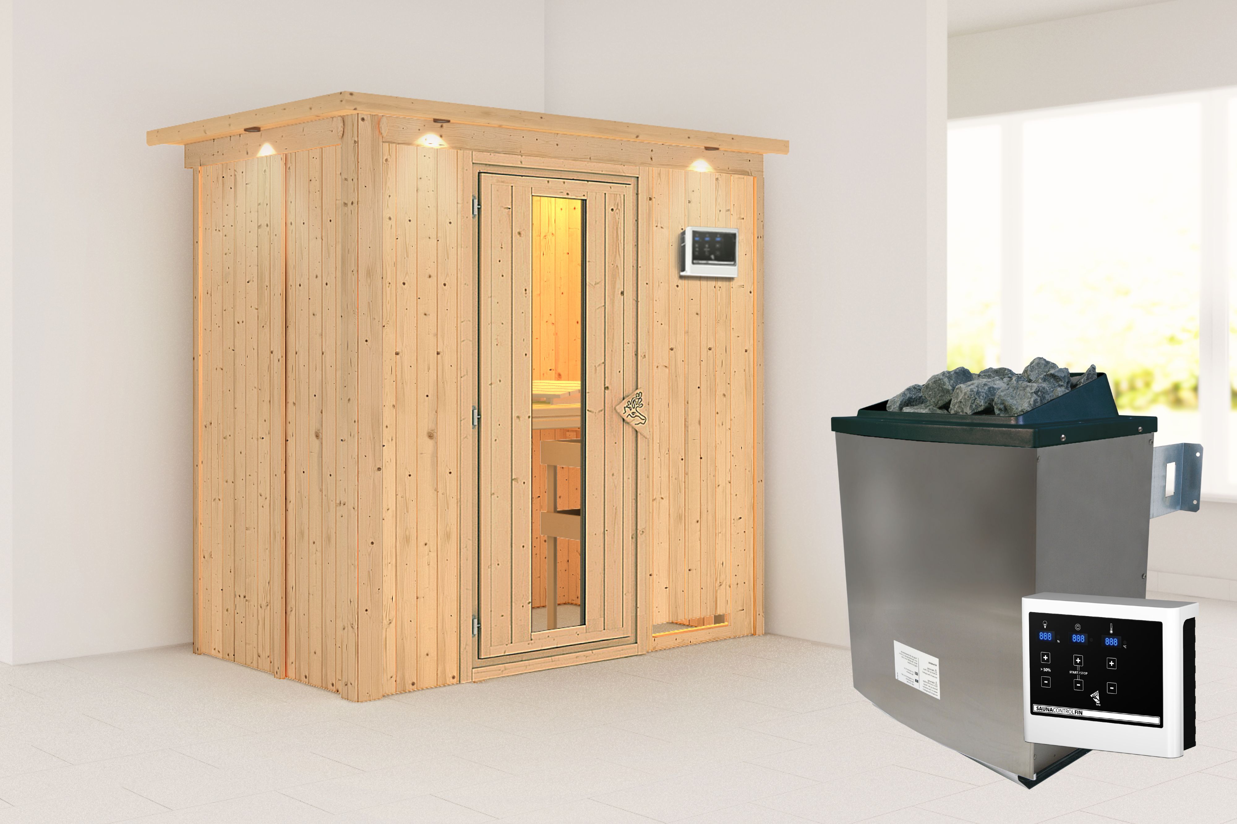 Außenansicht der Karibu Sauna Variado aus nordischer Fichte mit isolierter Holztür und Fronteinstieg