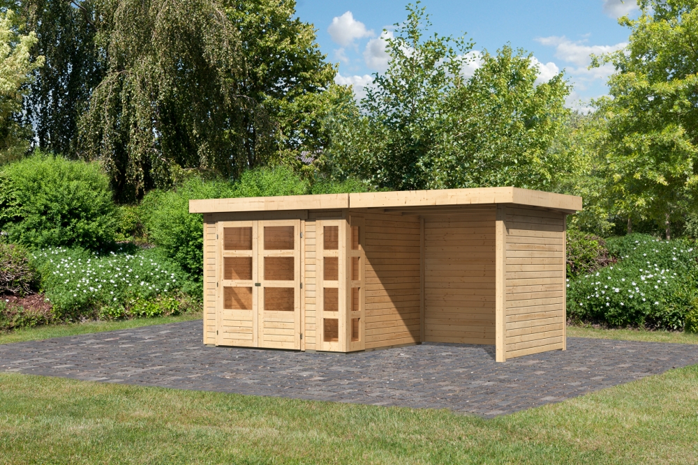 Karibu Gerätehaus Kerko 3 in Naturbelassen und Anbaudach, Außenansicht