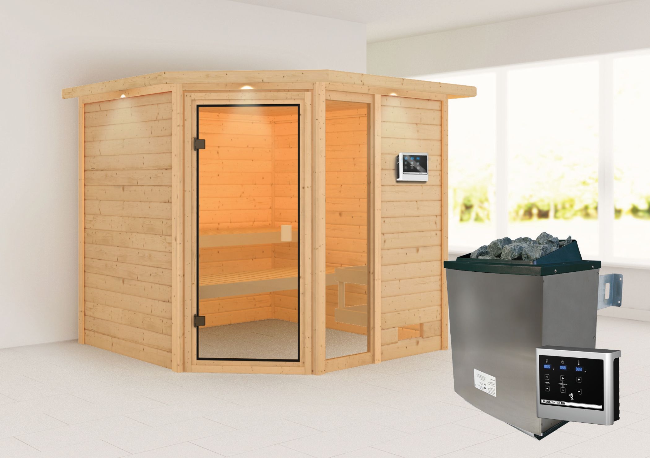 Außenansicht der Karibu Sauna Tabea aus nordischer Fichte mit Ganzglastür und Fronteinstieg