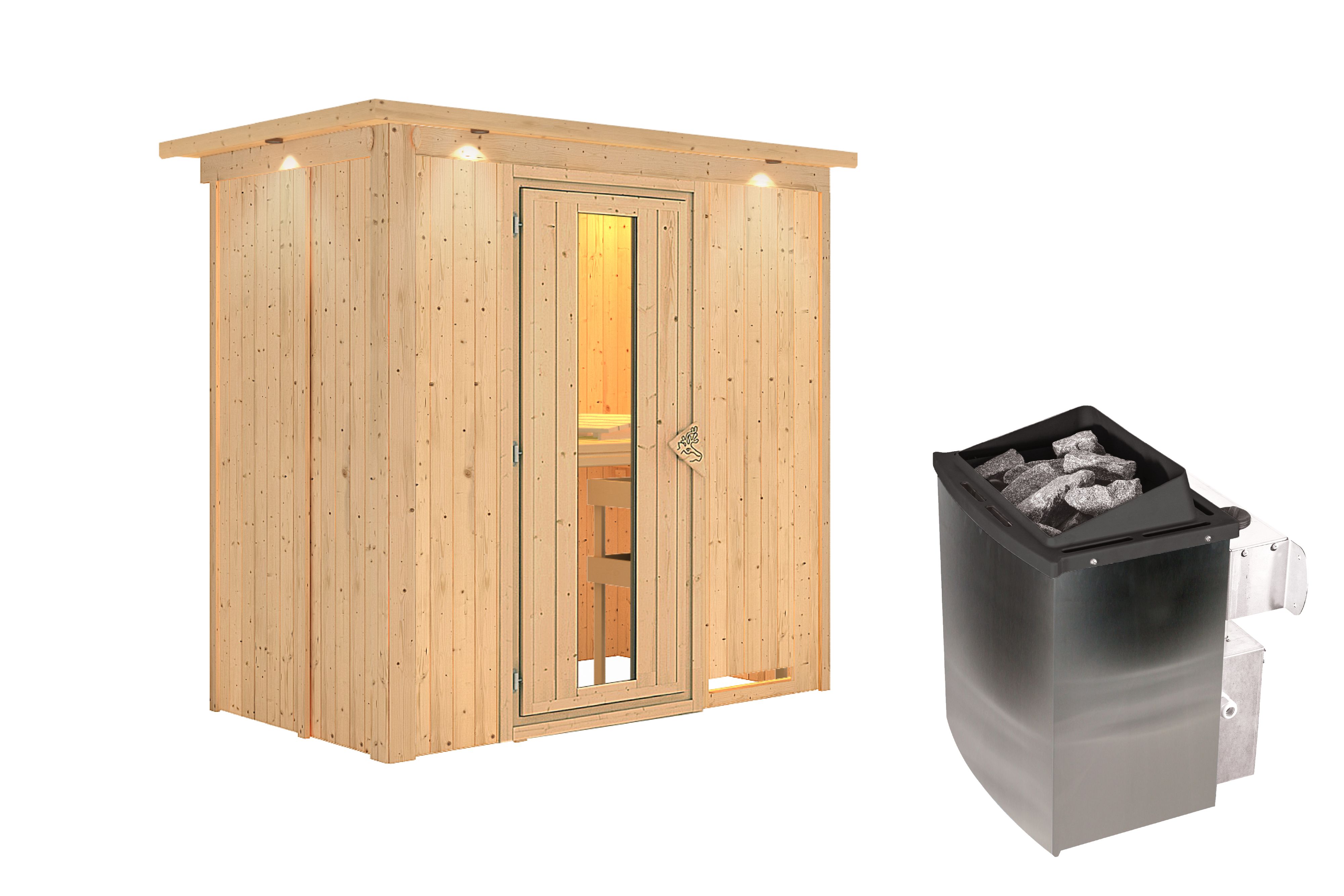 Innenansicht der Karibu Sauna Variado mit Liegen und Kopfstütze aus hellem Espenholz