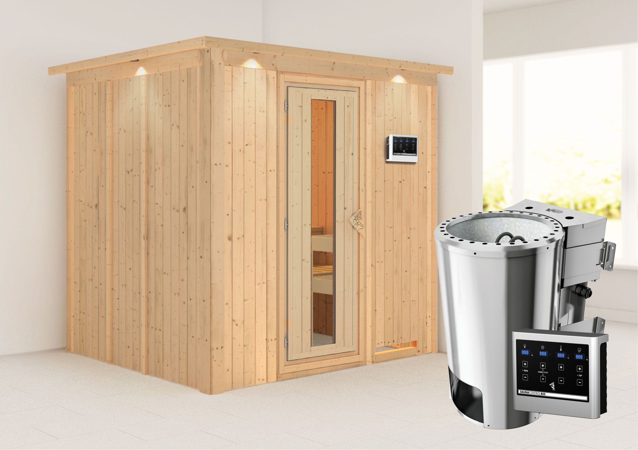 Außenansicht der Karibu Sauna Daria aus nordischer Fichte mit Ganzglastür und Fronteinstieg