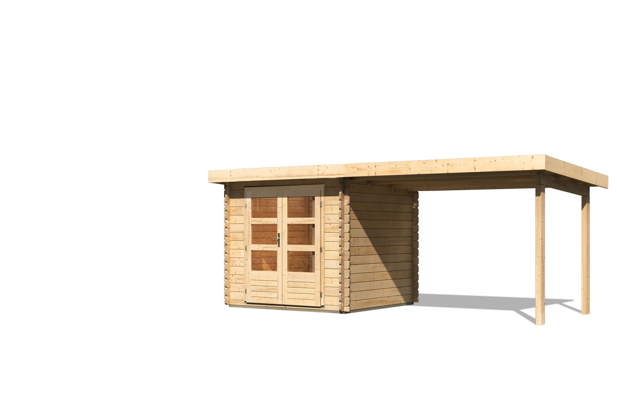 Karibu Gerätehaus Bastrup 2 in Naturbelassen und Anbaudach, Freisteller