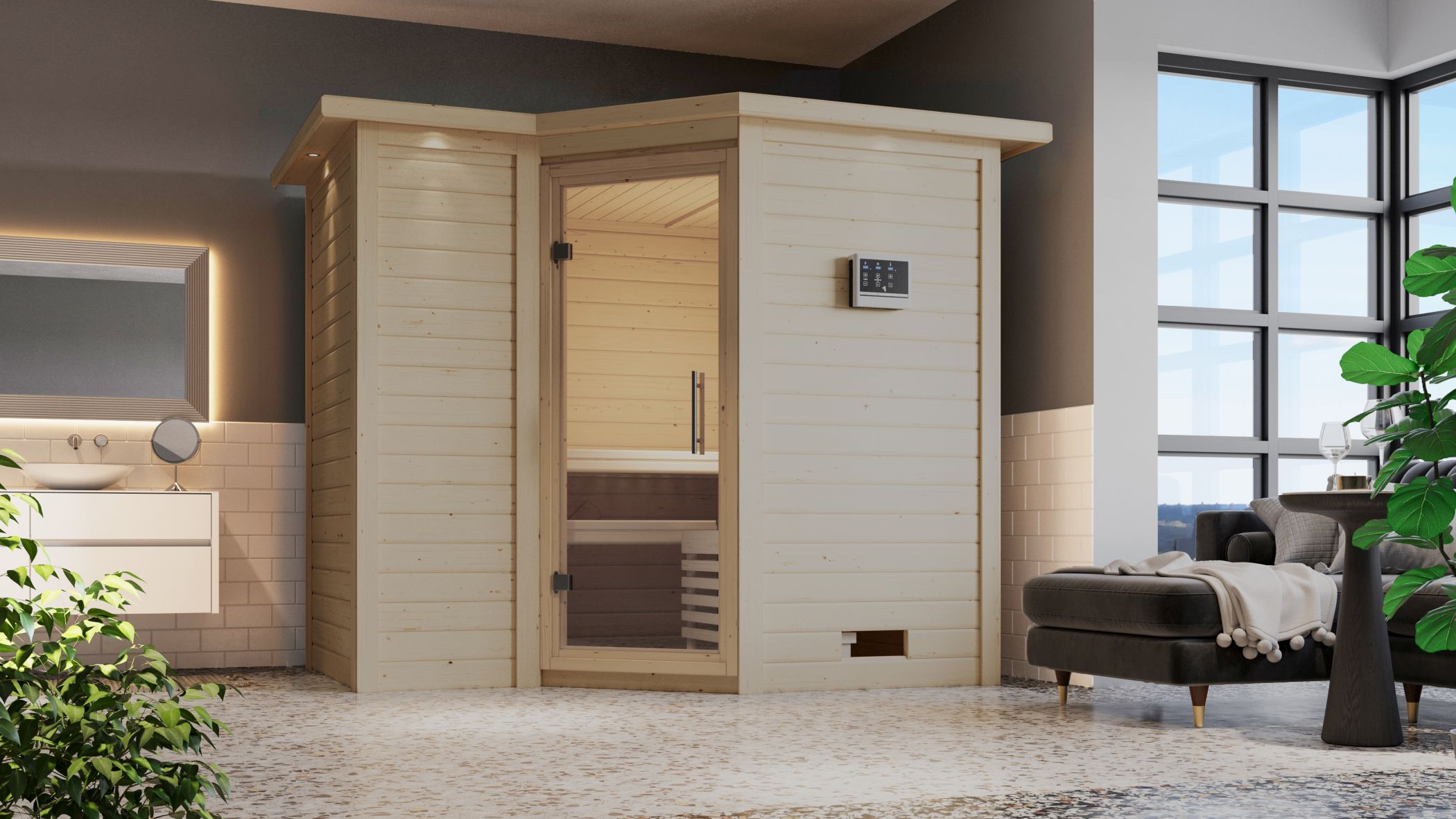 Karibu Sauna Sahib 2 als hochwertige Sauna aus nordischer Fichte im Wohnraum-Ambiente